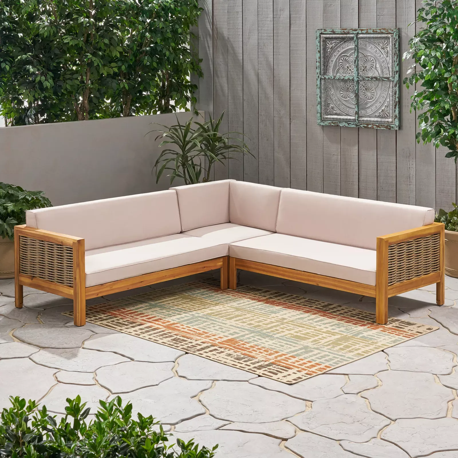 LINWOOD 3-PIECE WOOD AND PE RATTAN COVERSATION SECTIONAL SEATING SET, BEIGE