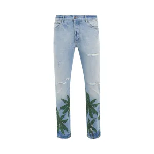 Loose Wash Palms Regular Fit 5 Pockets Denim Pants in Light Blue/Green