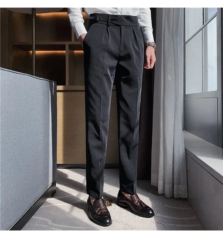 Men's Formal High-Waist Suit Pants with Belt Design - Slim Fit for Office, Social, or Wedding Events