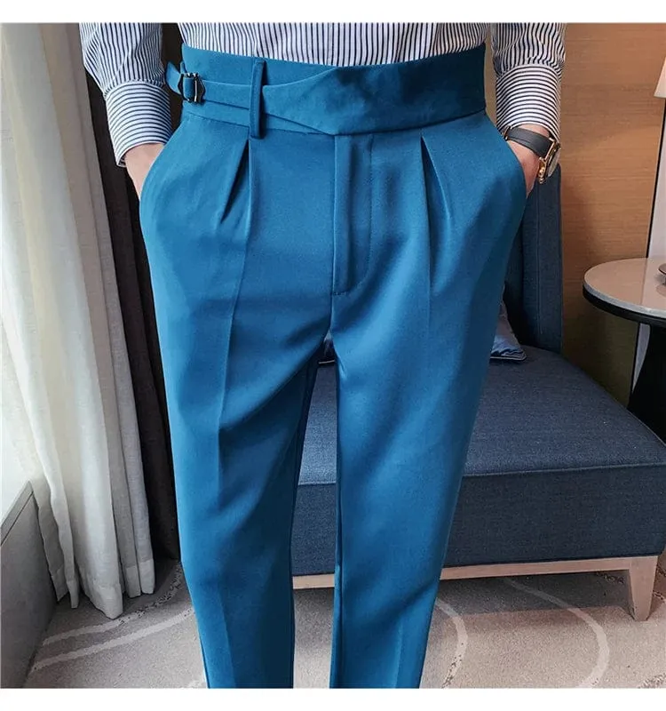 Men's Formal High-Waist Suit Pants with Belt Design - Slim Fit for Office, Social, or Wedding Events