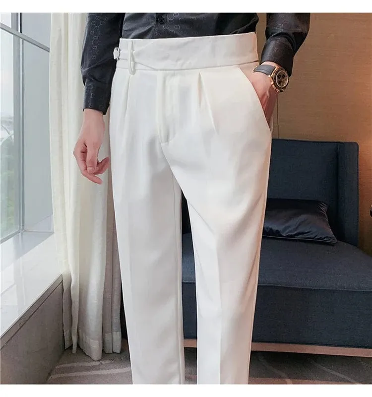 Men's Formal High-Waist Suit Pants with Belt Design - Slim Fit for Office, Social, or Wedding Events