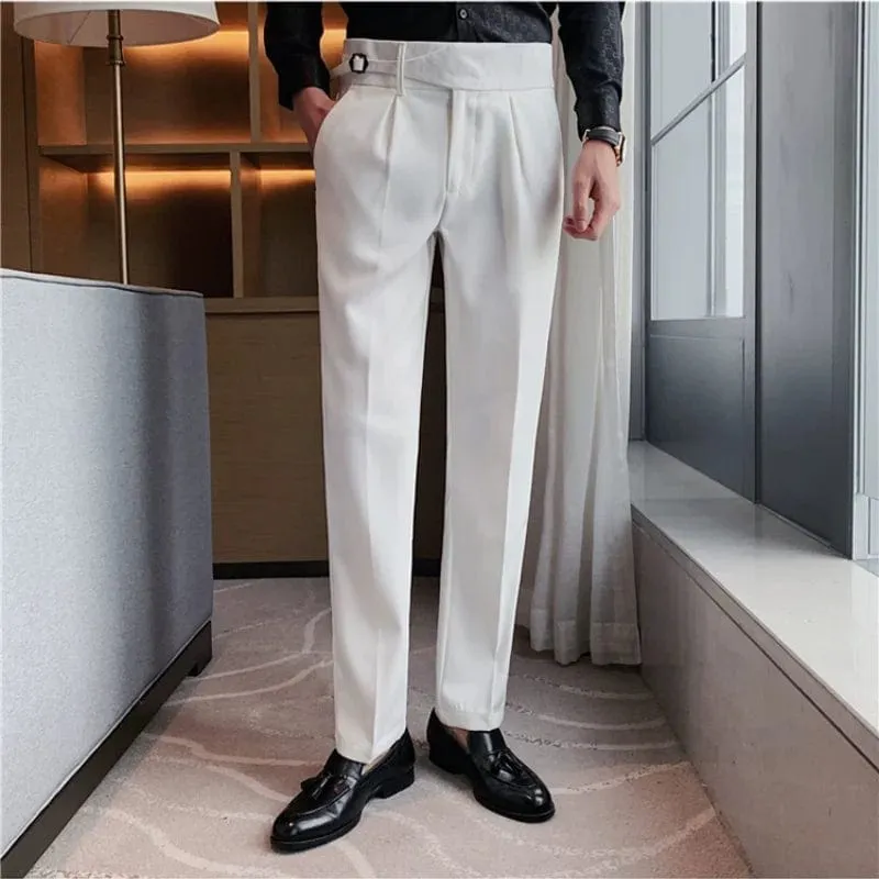 Men's Formal High-Waist Suit Pants with Belt Design - Slim Fit for Office, Social, or Wedding Events