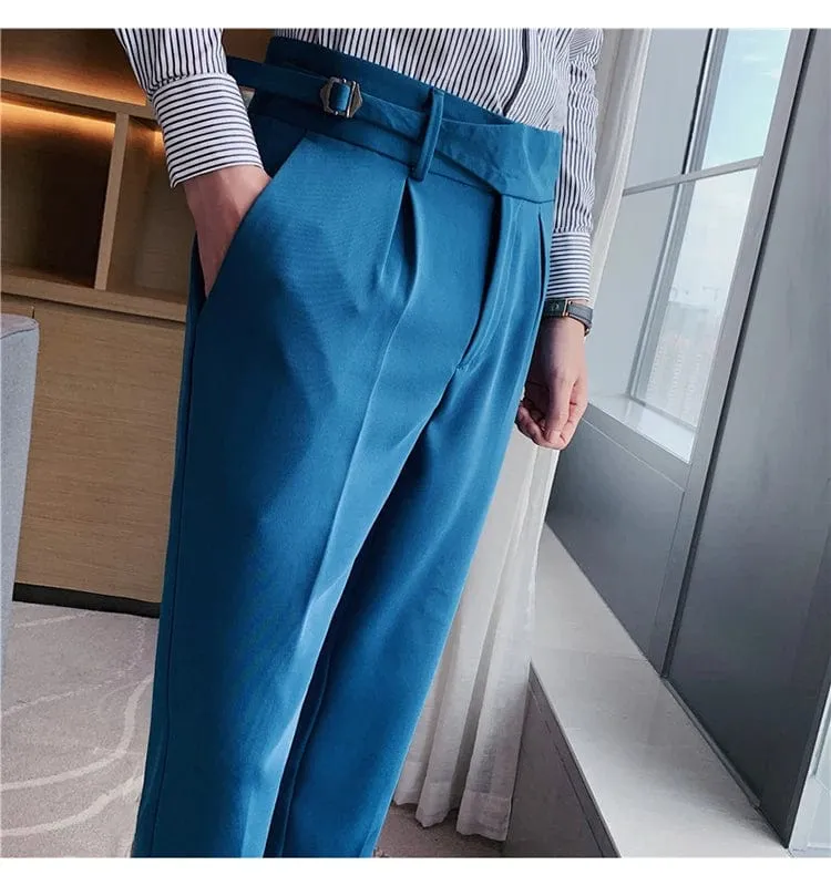 Men's Formal High-Waist Suit Pants with Belt Design - Slim Fit for Office, Social, or Wedding Events