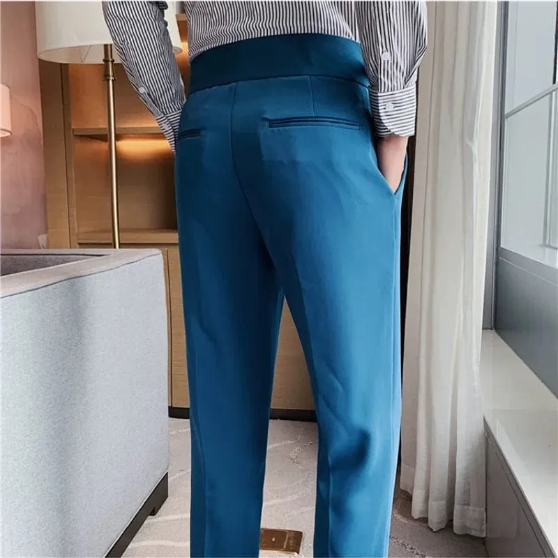 Men's Formal High-Waist Suit Pants with Belt Design - Slim Fit for Office, Social, or Wedding Events