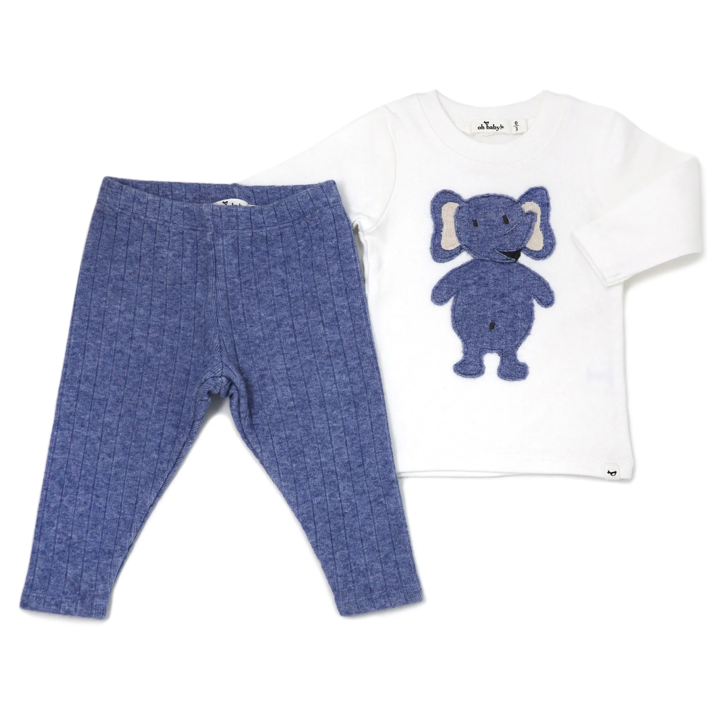 oh baby! Two Piece Set -  Ragdoll Elephant Blue Heather Ribbed Knit - Cream