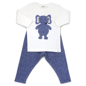 oh baby! Two Piece Set -  Ragdoll Elephant Blue Heather Ribbed Knit - Cream