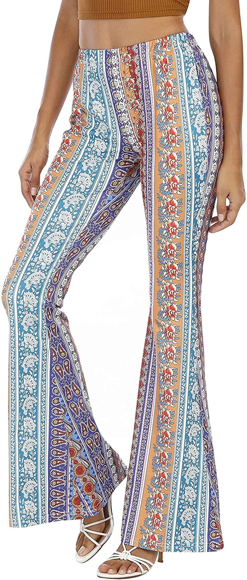 ONTBYB Wide Leg Pants for Women Boho Flare Pants Solid & Printed High Waist Palazzo Stretchy and Soft