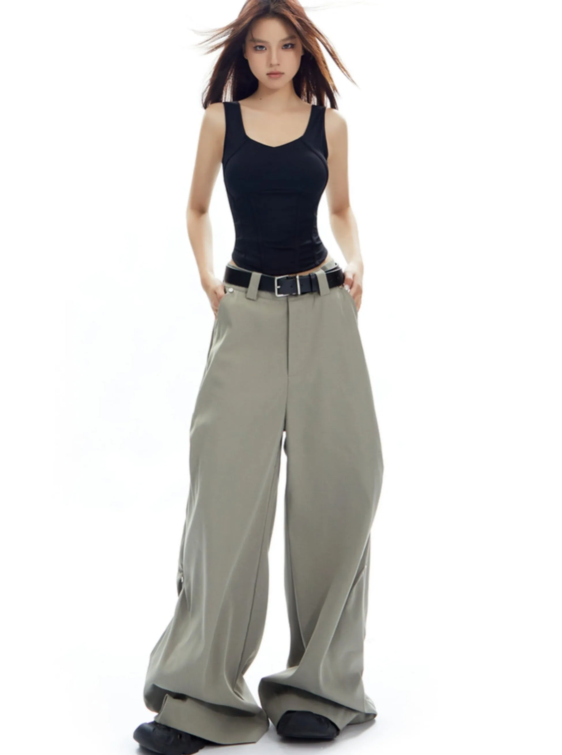 Oversized Wide-Leg Trousers in Light Sage Green