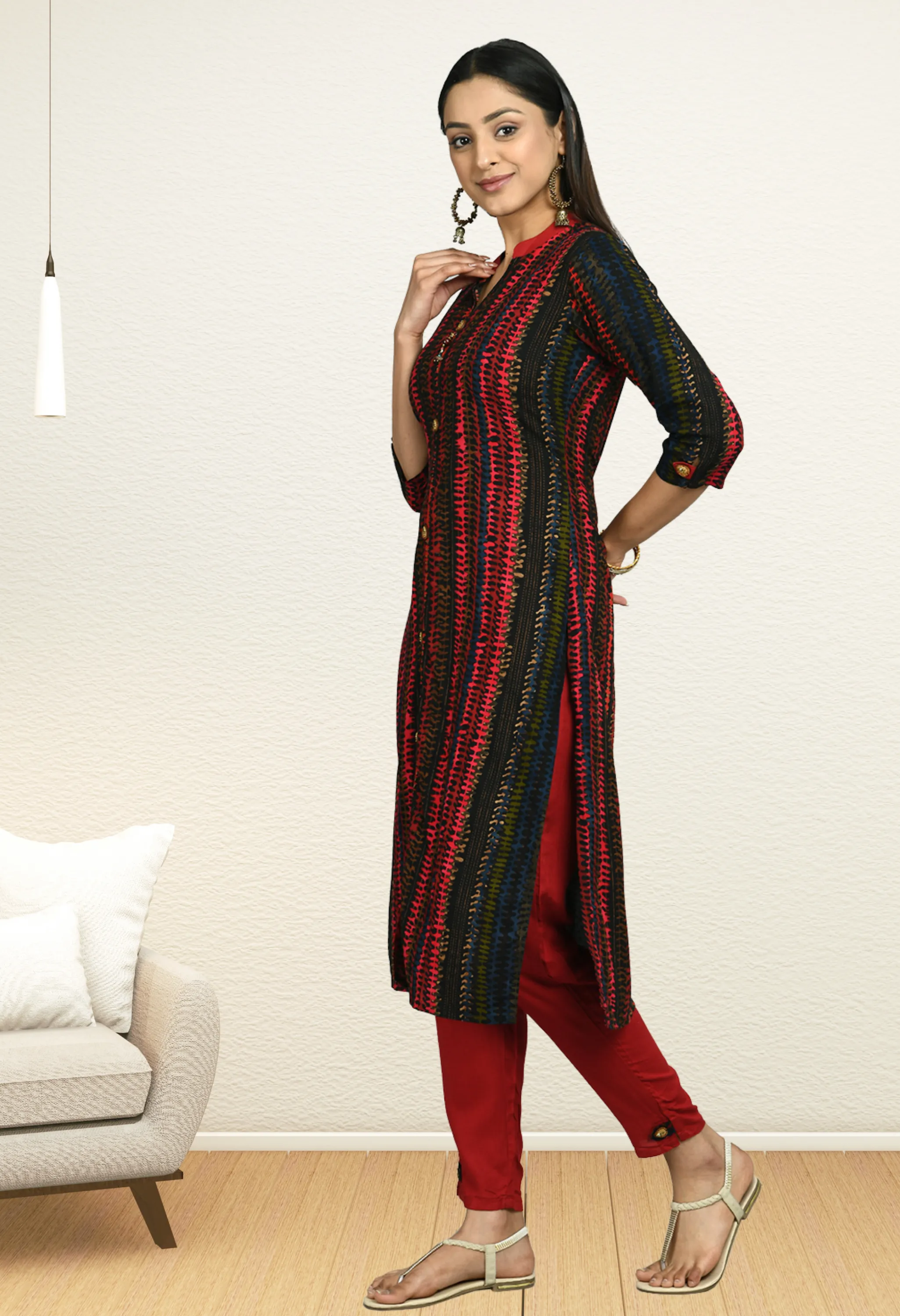 Plus Size Black Red Printed Kurta Pant Set