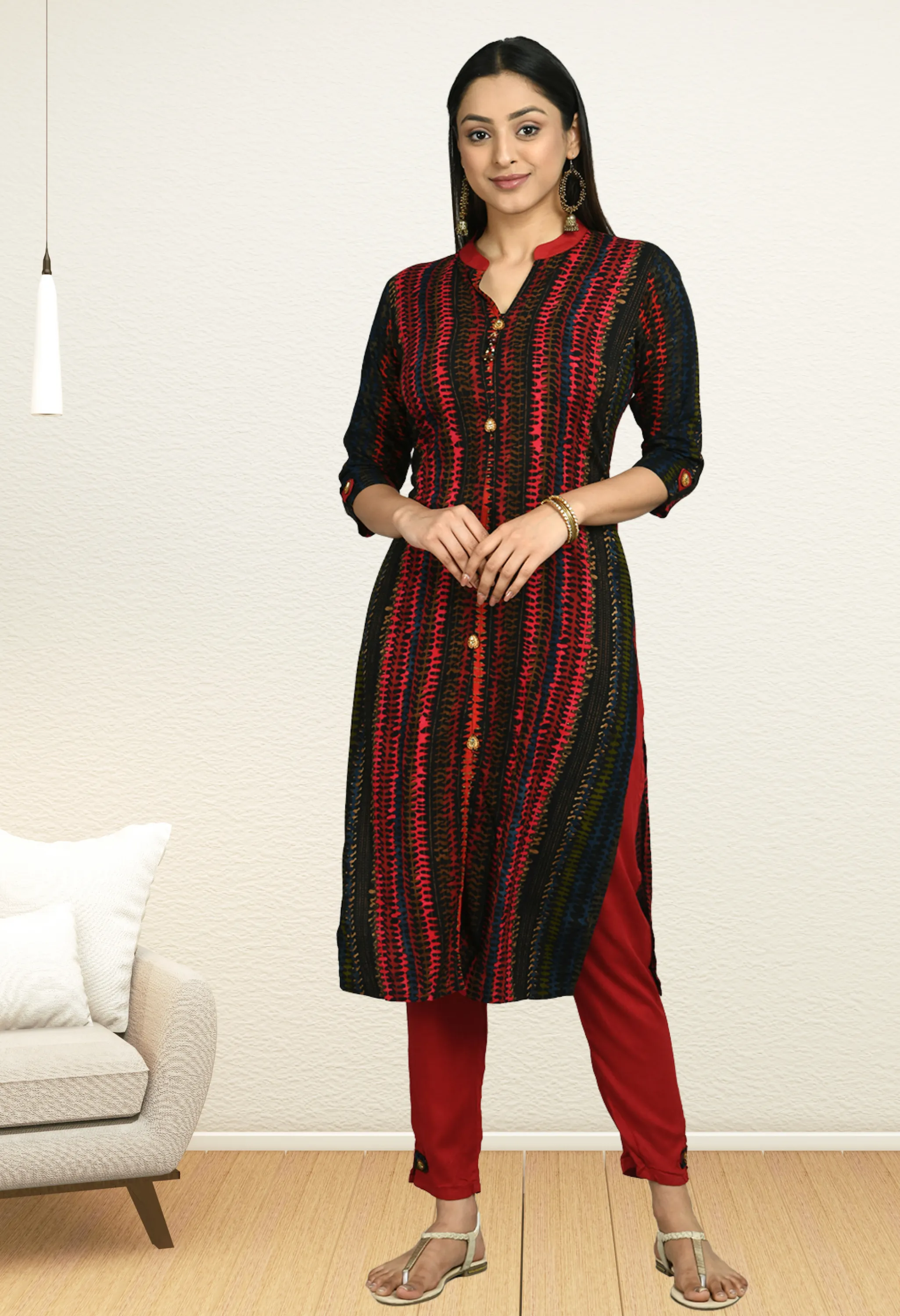 Plus Size Black Red Printed Kurta Pant Set