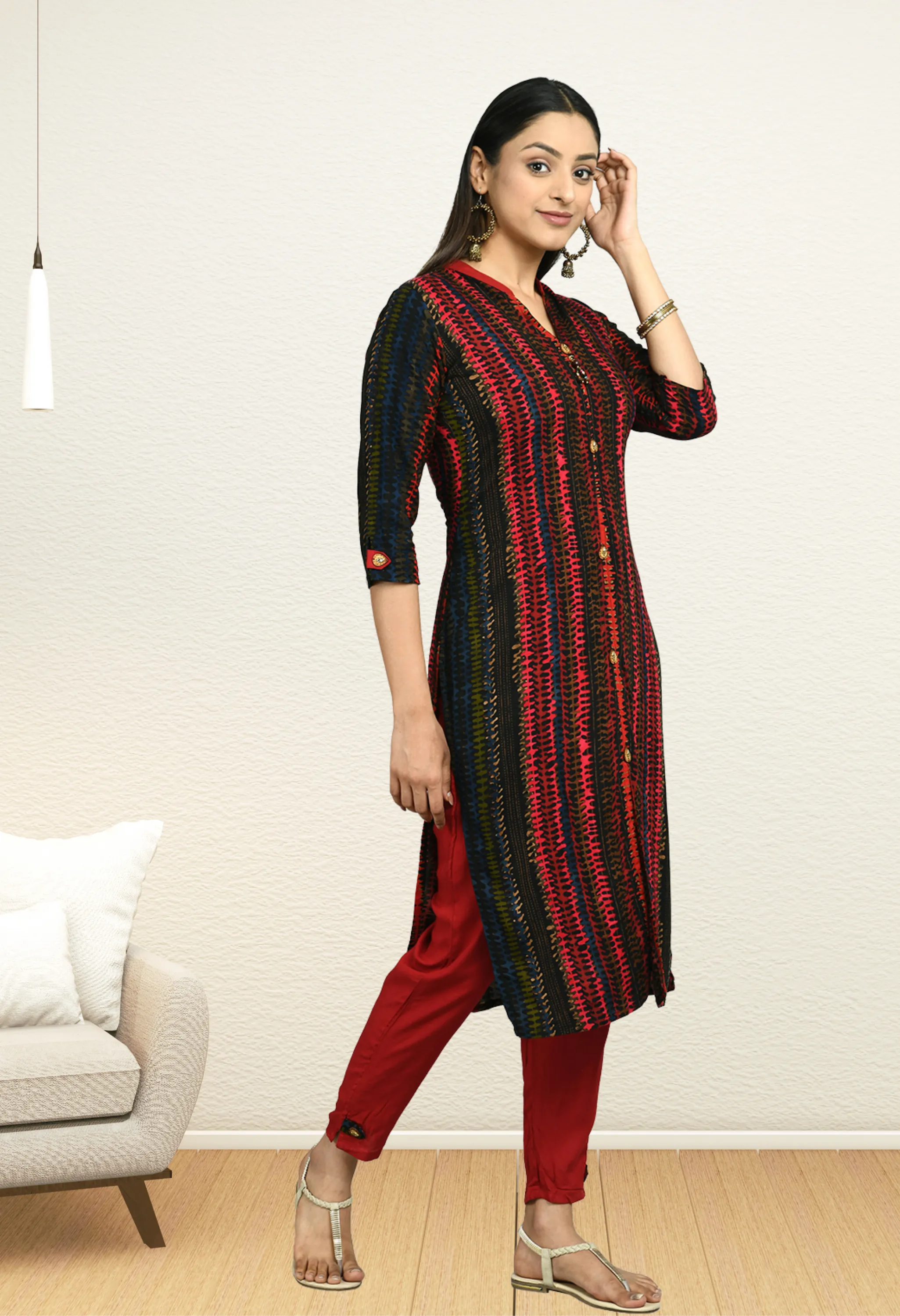 Plus Size Black Red Printed Kurta Pant Set