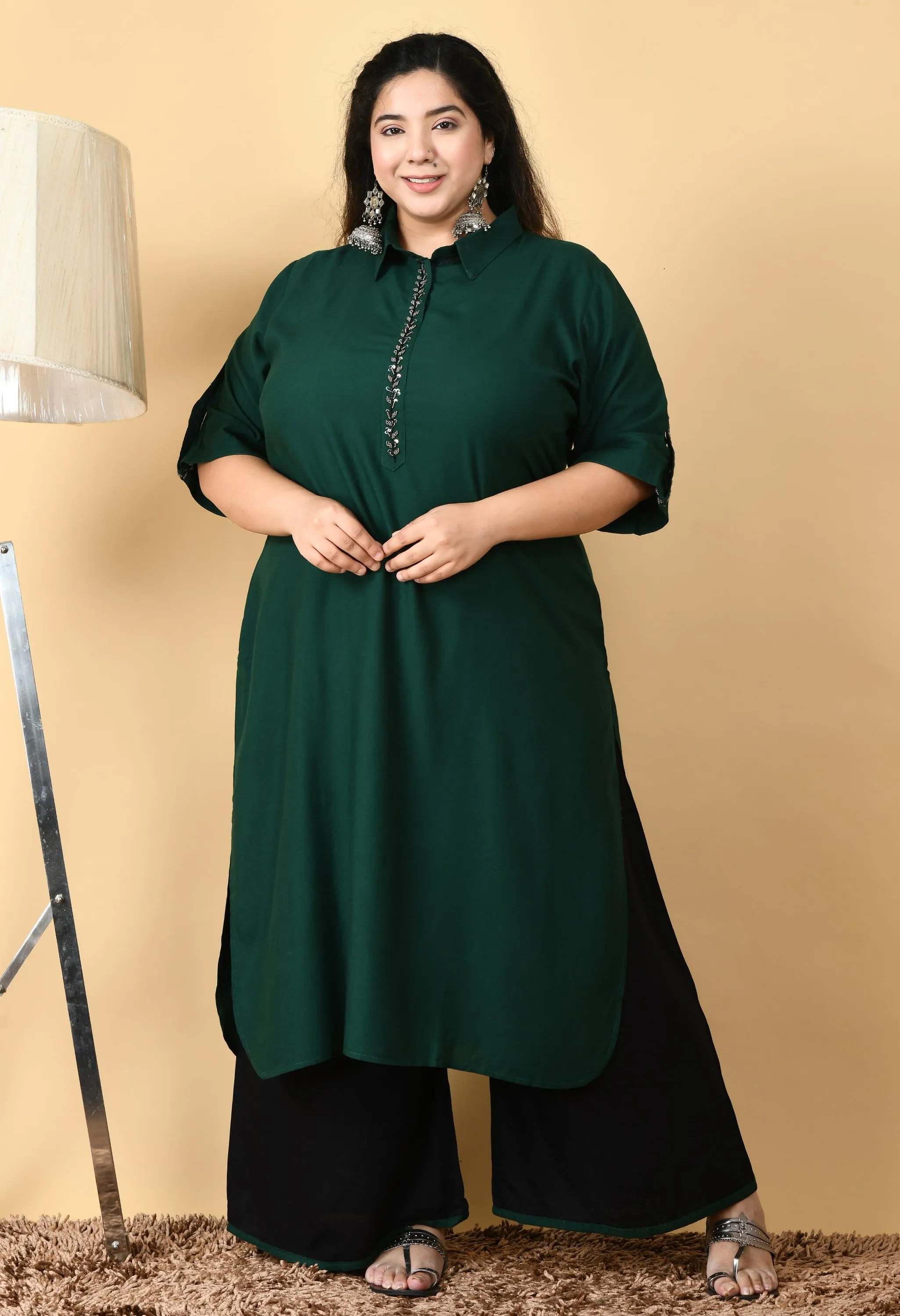 Plus Size Pretty Pathani Bottle Green Kurta Palazzo Set