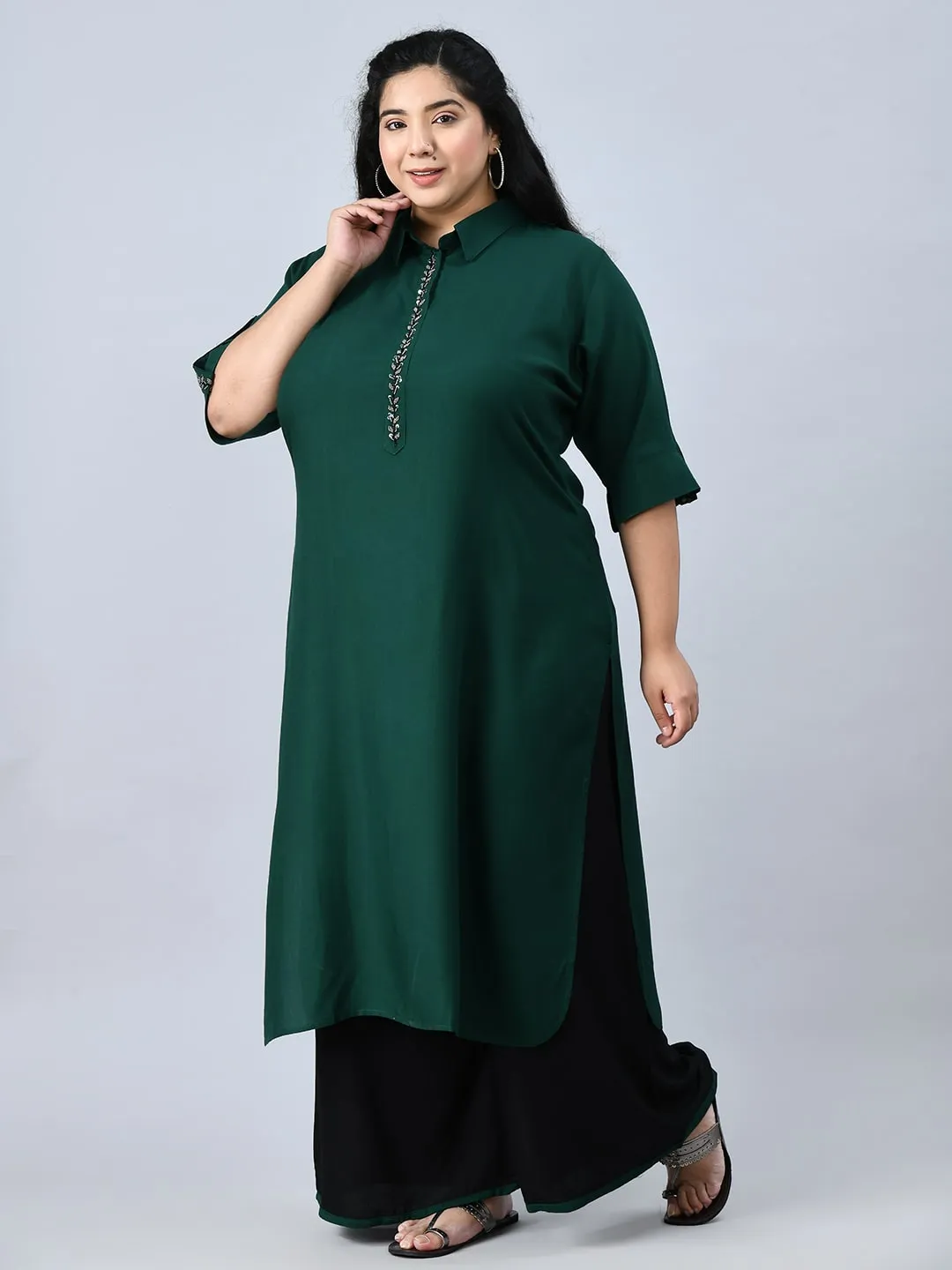 Plus Size Pretty Pathani Bottle Green Kurta Palazzo Set