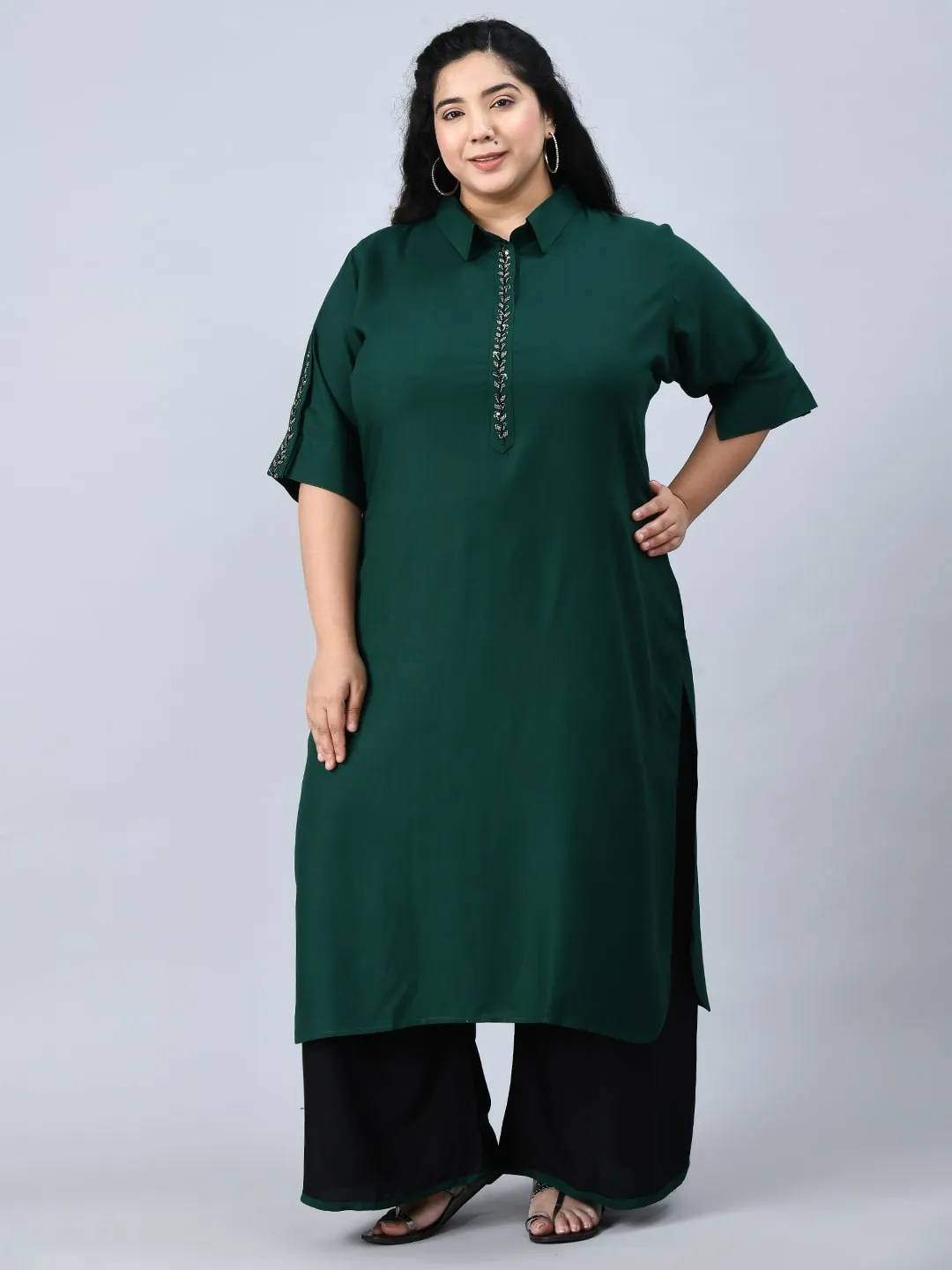 Plus Size Pretty Pathani Bottle Green Kurta Palazzo Set