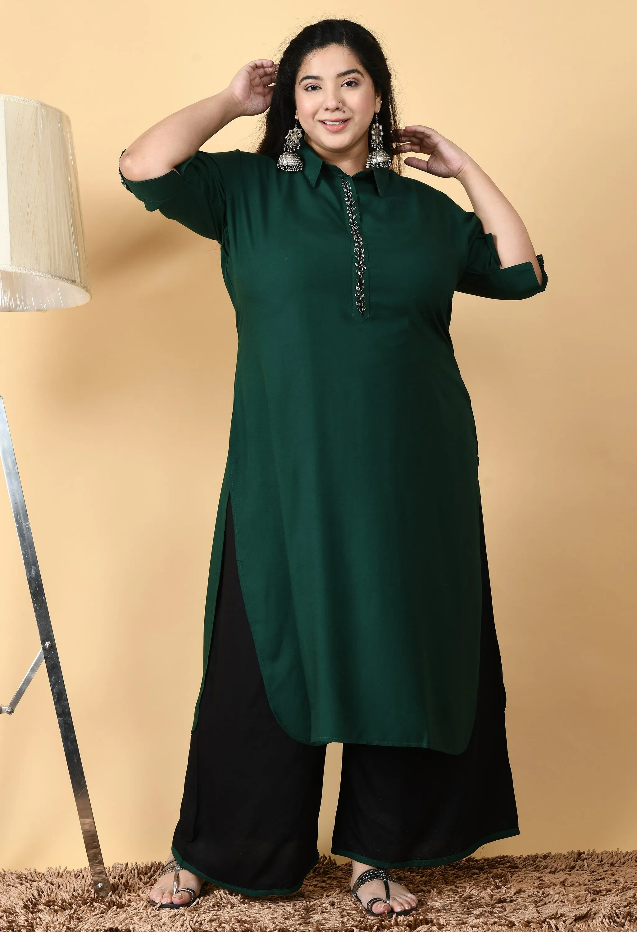 Plus Size Pretty Pathani Bottle Green Kurta Palazzo Set