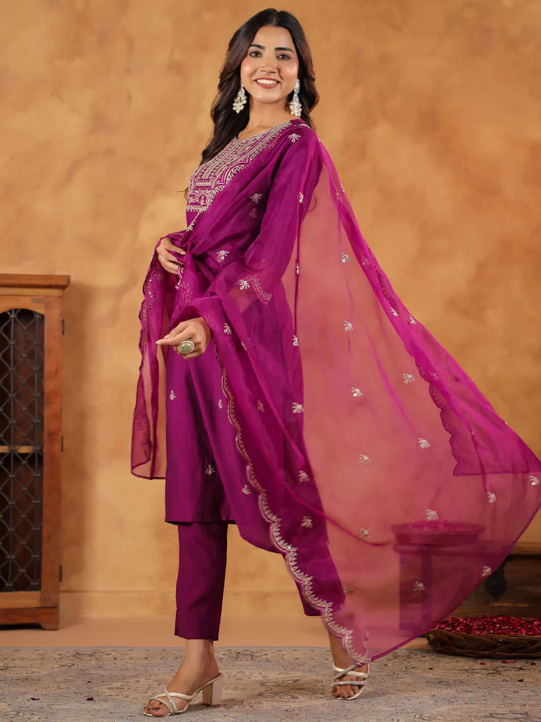 Purple Silk Blend Embroidered Straight Kurta Set