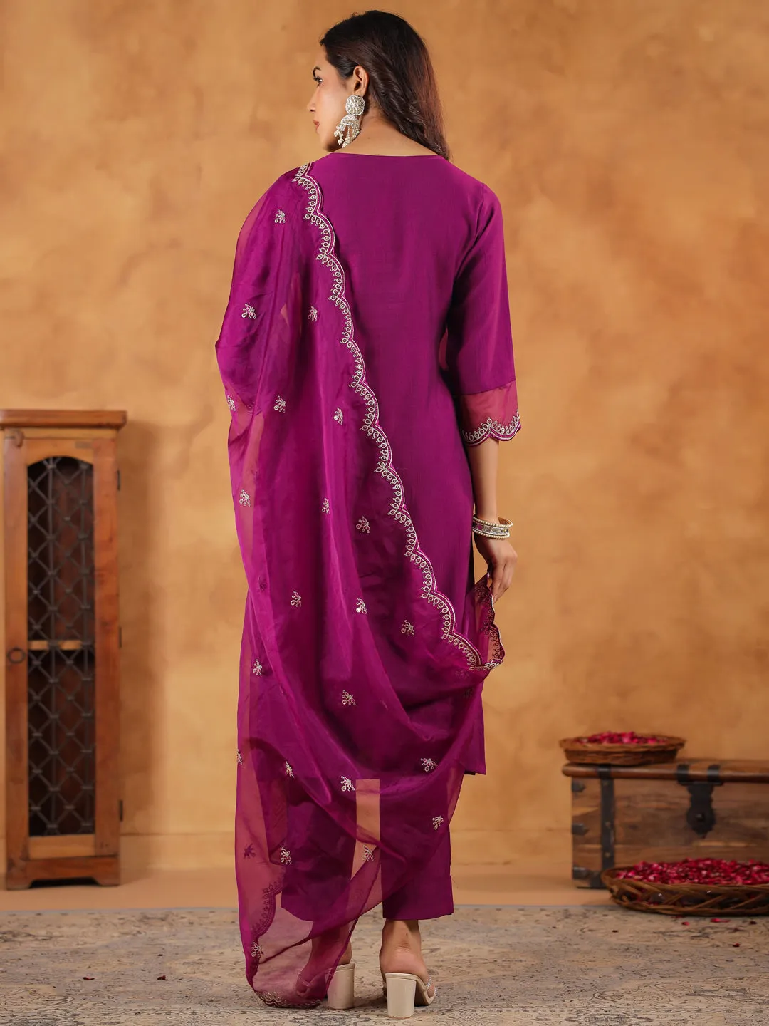 Purple Silk Blend Embroidered Straight Kurta Set