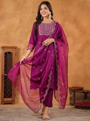 Purple Silk Blend Embroidered Straight Kurta Set