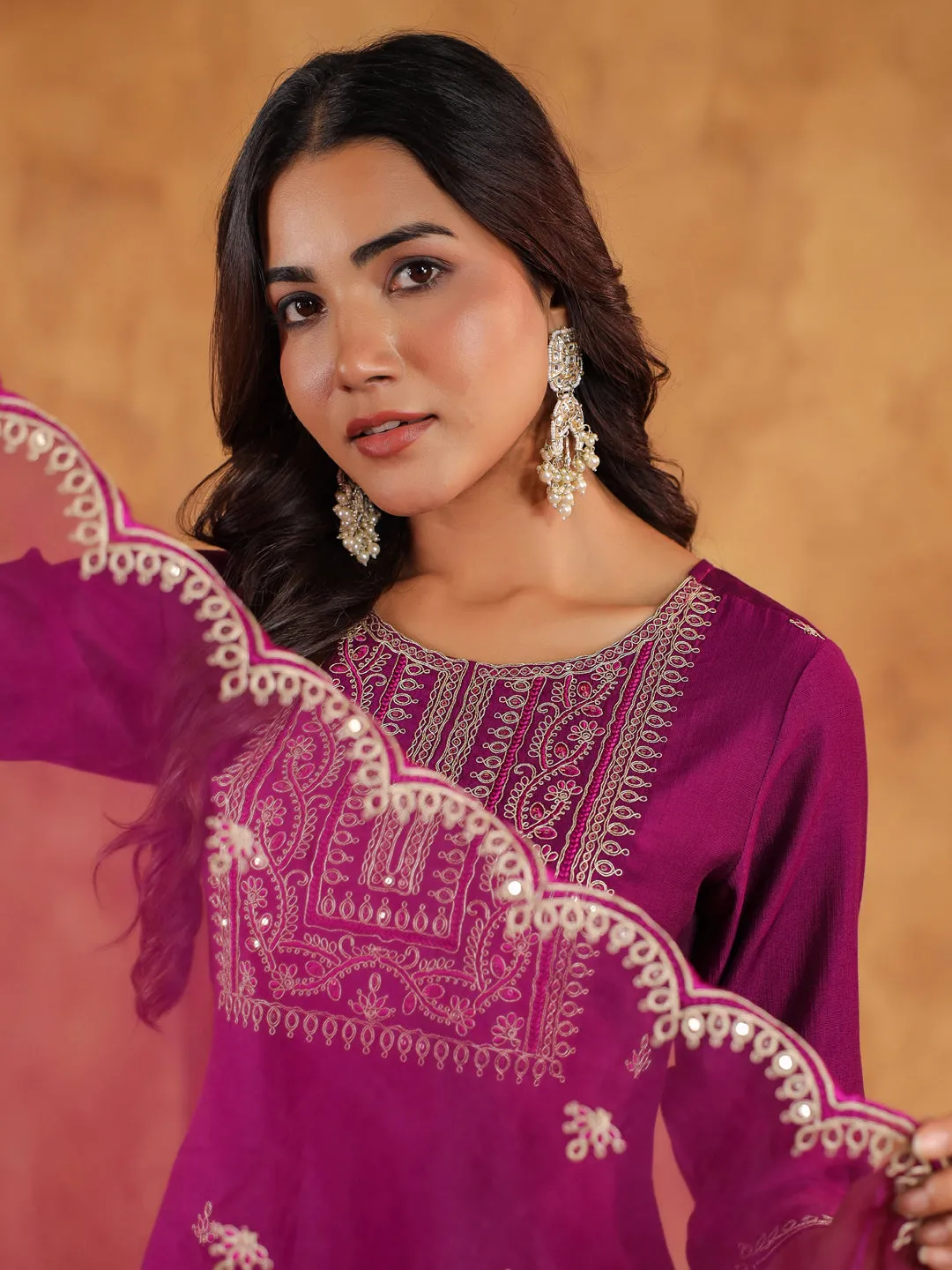 Purple Silk Blend Embroidered Straight Kurta Set