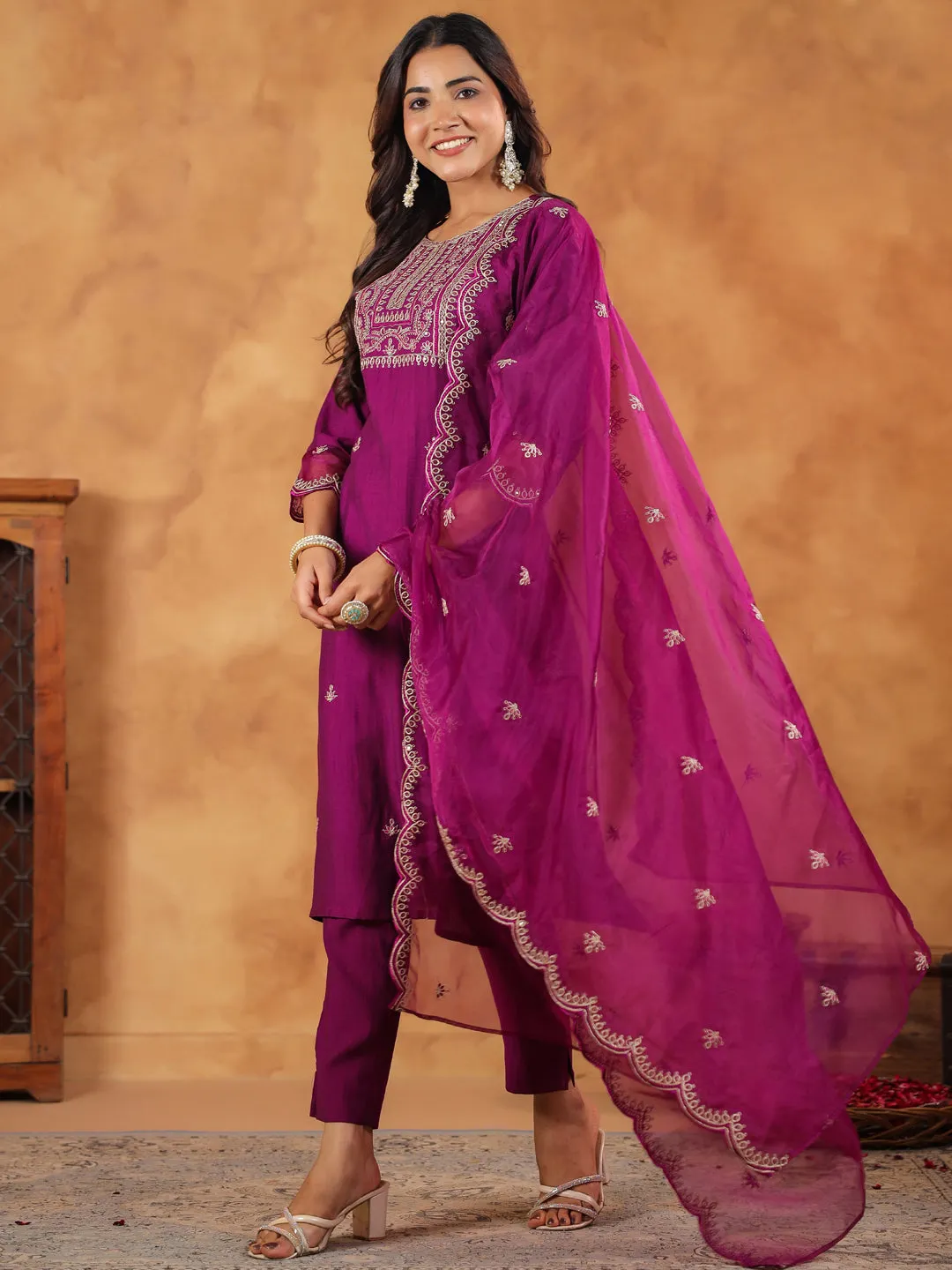 Purple Silk Blend Embroidered Straight Kurta Set