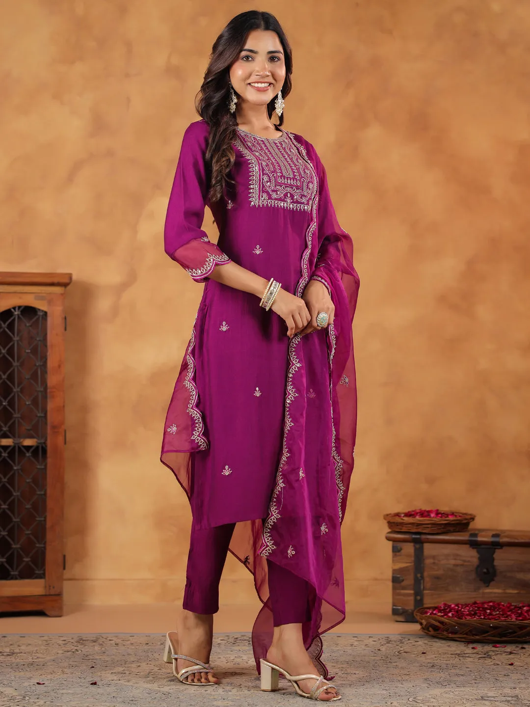 Purple Silk Blend Embroidered Straight Kurta Set