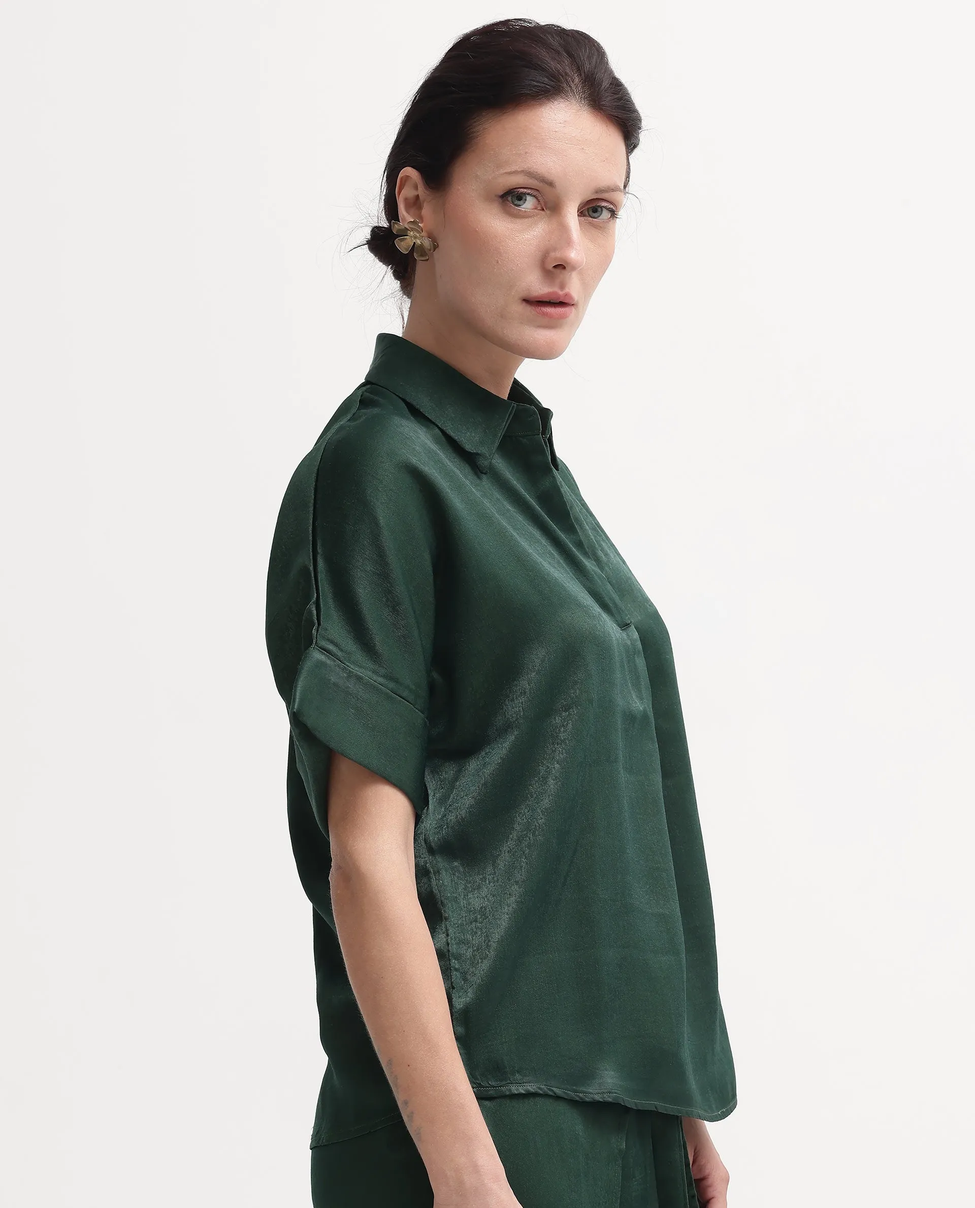 Rareism Women Lamona-T Dark Green Extended Sleeves Collared Neck Boxy Fit Plain Top