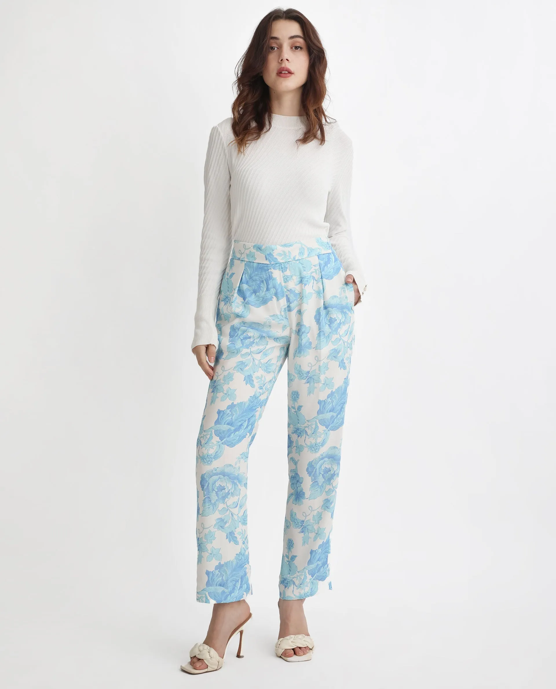 Rareism Women Mongo Light Blue Polyester Fabric Relaxed Fit Floral Print Ankle Length Trousers