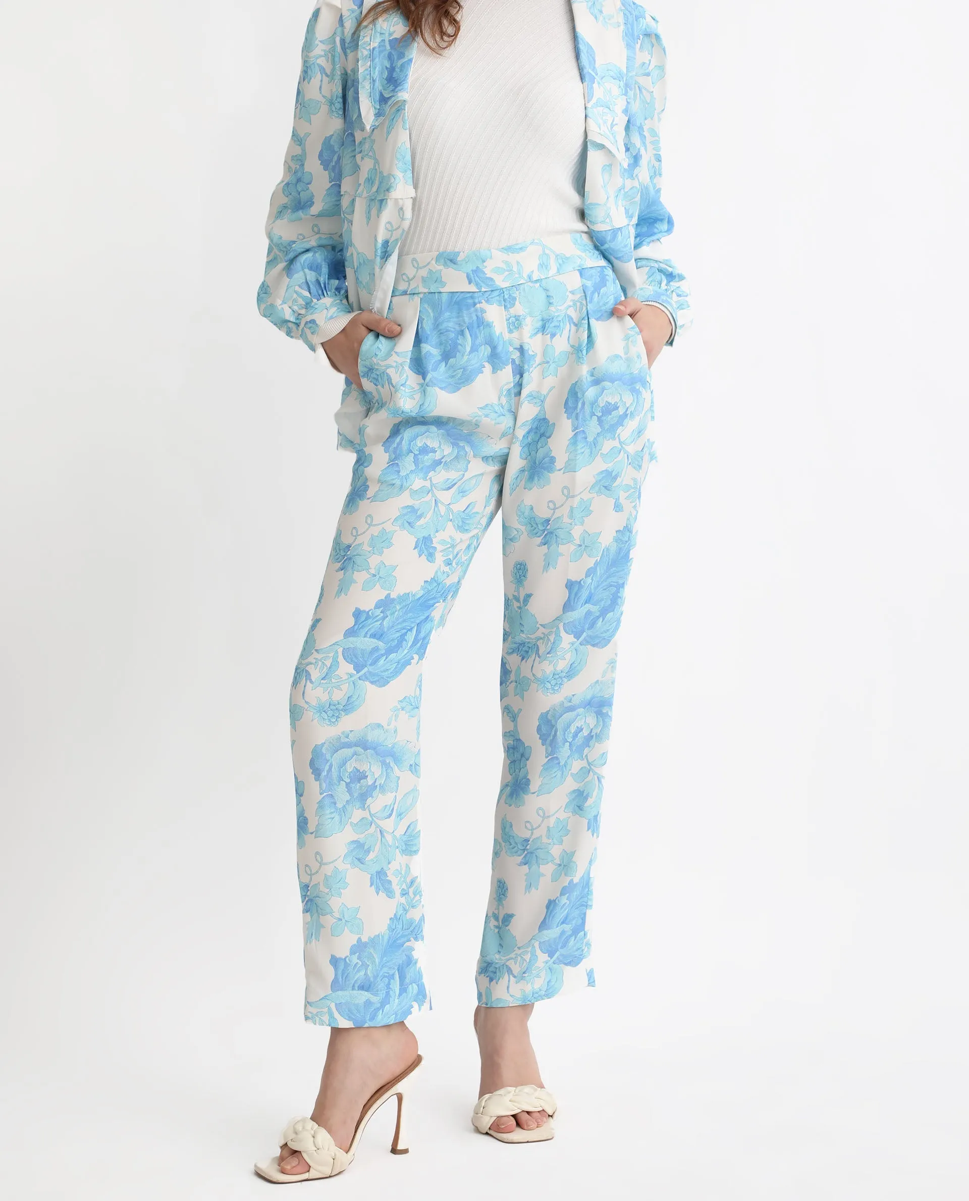 Rareism Women Mongo Light Blue Polyester Fabric Relaxed Fit Floral Print Ankle Length Trousers