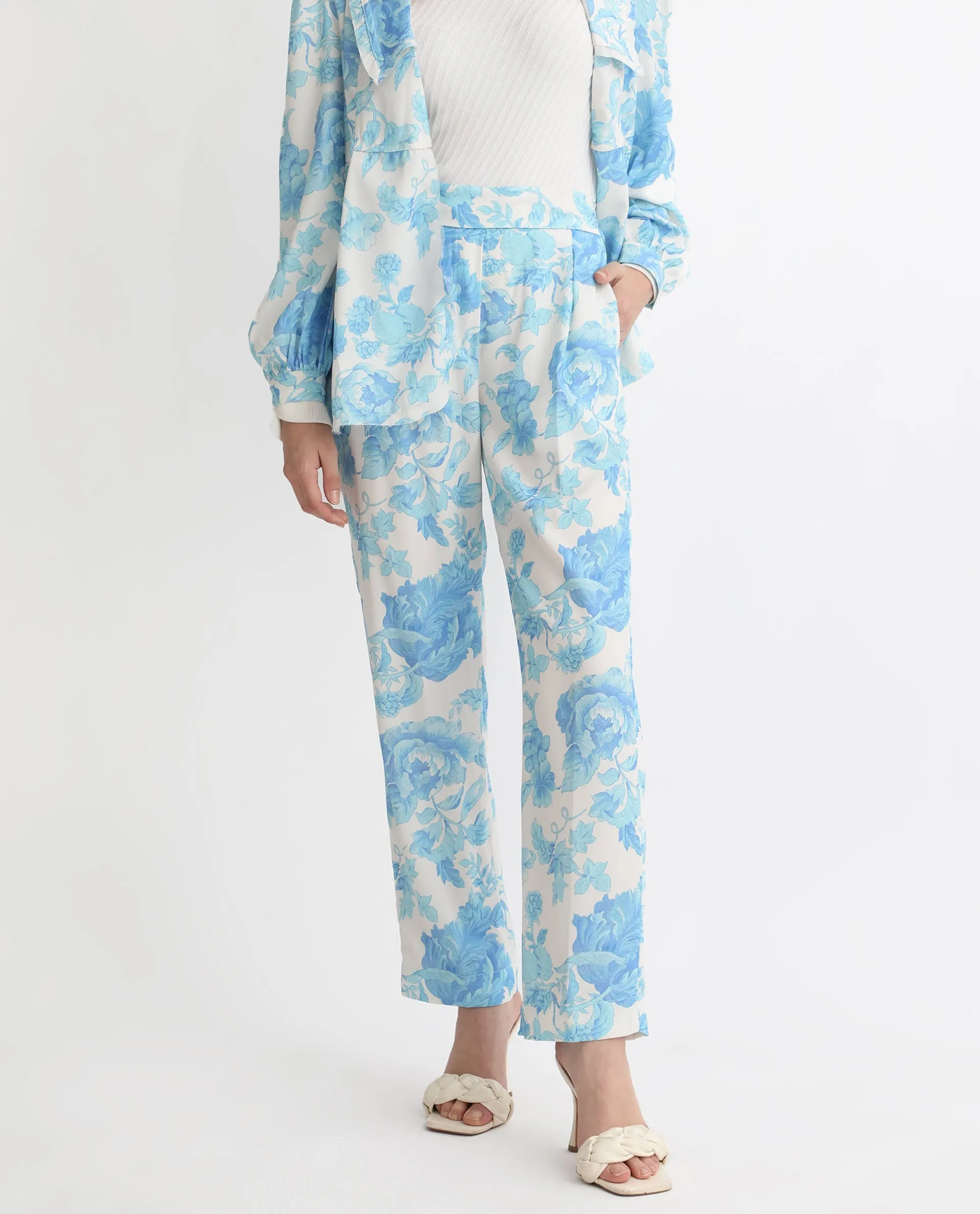 Rareism Women Mongo Light Blue Polyester Fabric Relaxed Fit Floral Print Ankle Length Trousers