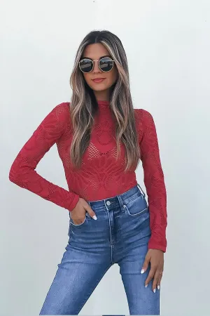 Red Mock Neck Fishnet Top