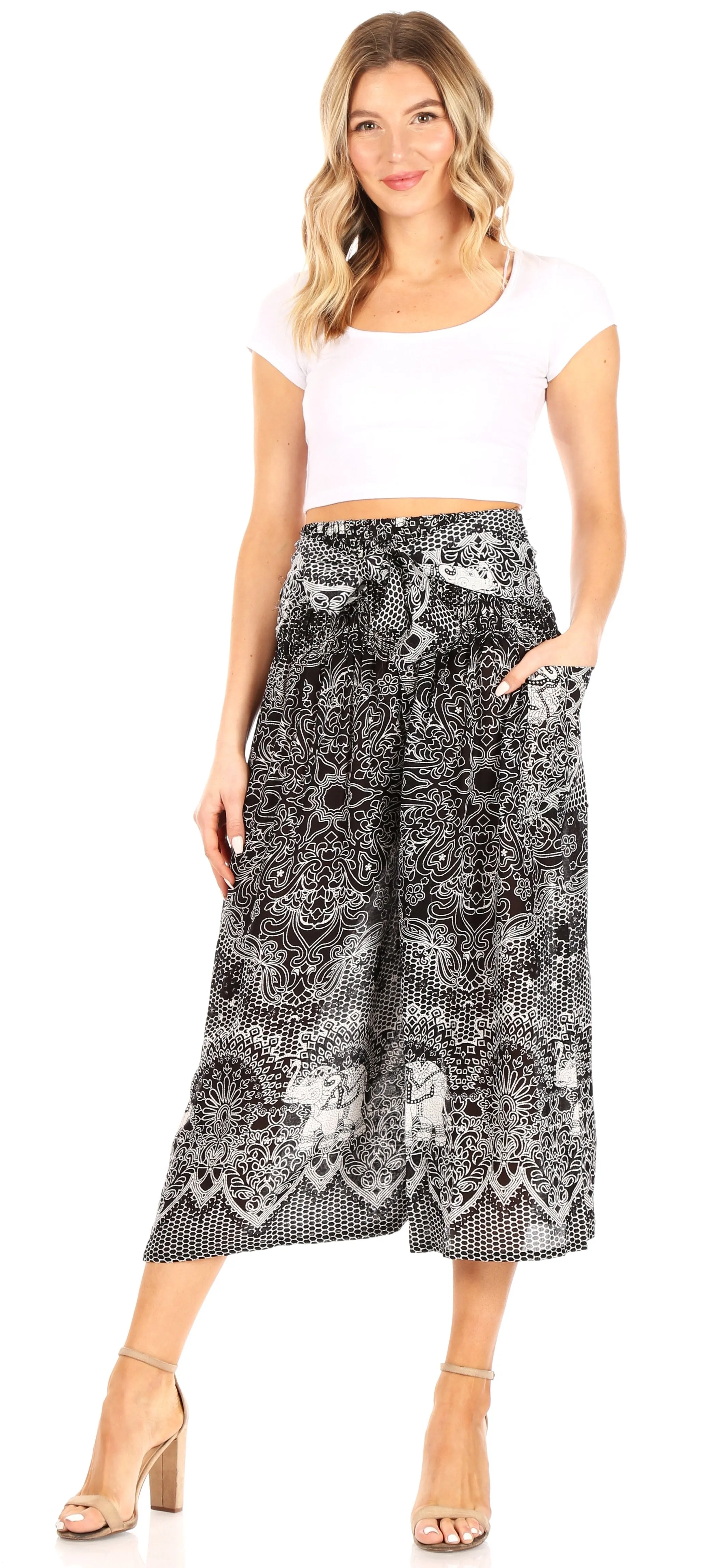 Sakkas Lilja Women's Loose Wide Leg Printed Elephant Pants Elastic Waist w/Pockets