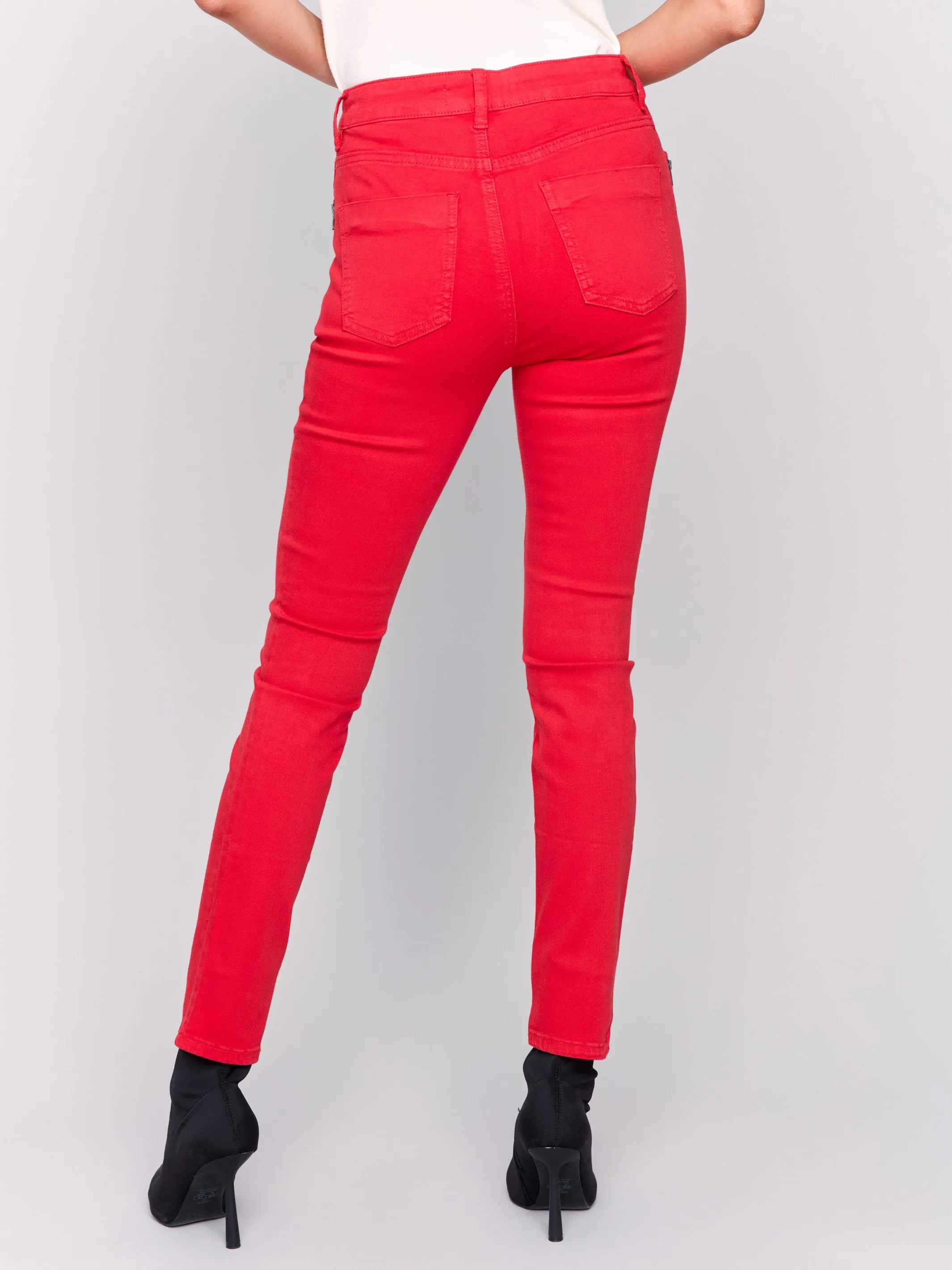 Skinny Twill Pants with Zipper Pocket Detail - Cranberry