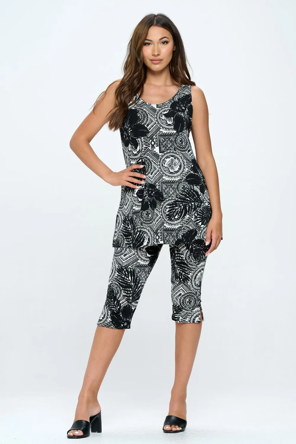 Stretchy Tank Capri Pant Set Print-9002BN-TRP1-W325