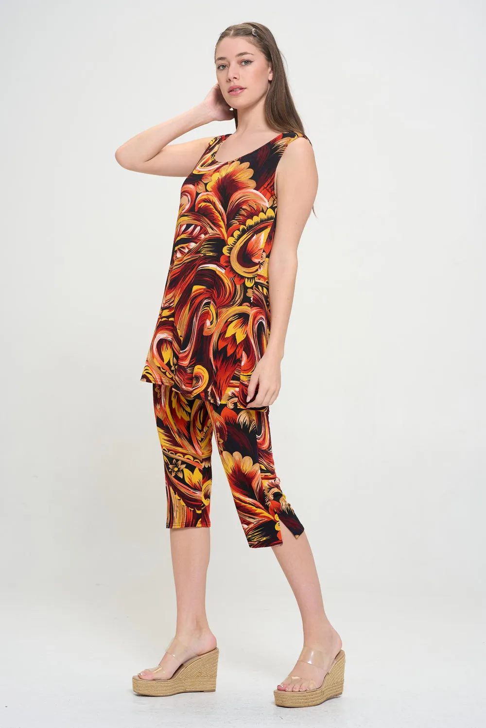 Stretchy Tank Capri Pant Set Print-9002BN-TRP1-W435