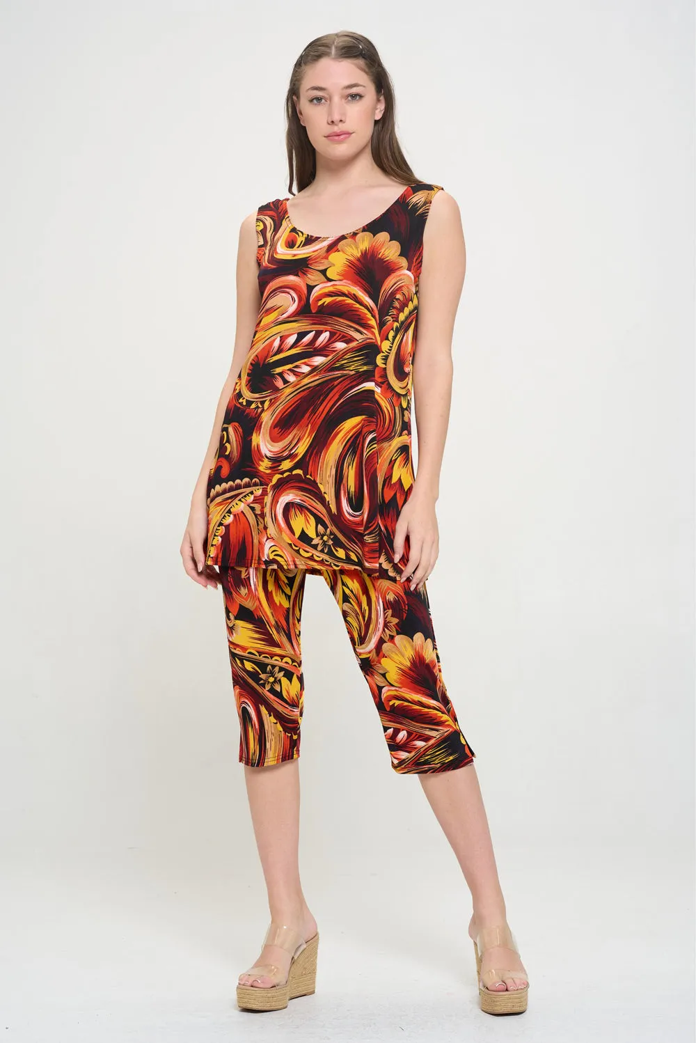 Stretchy Tank Capri Pant Set Print-9002BN-TRP1-W435