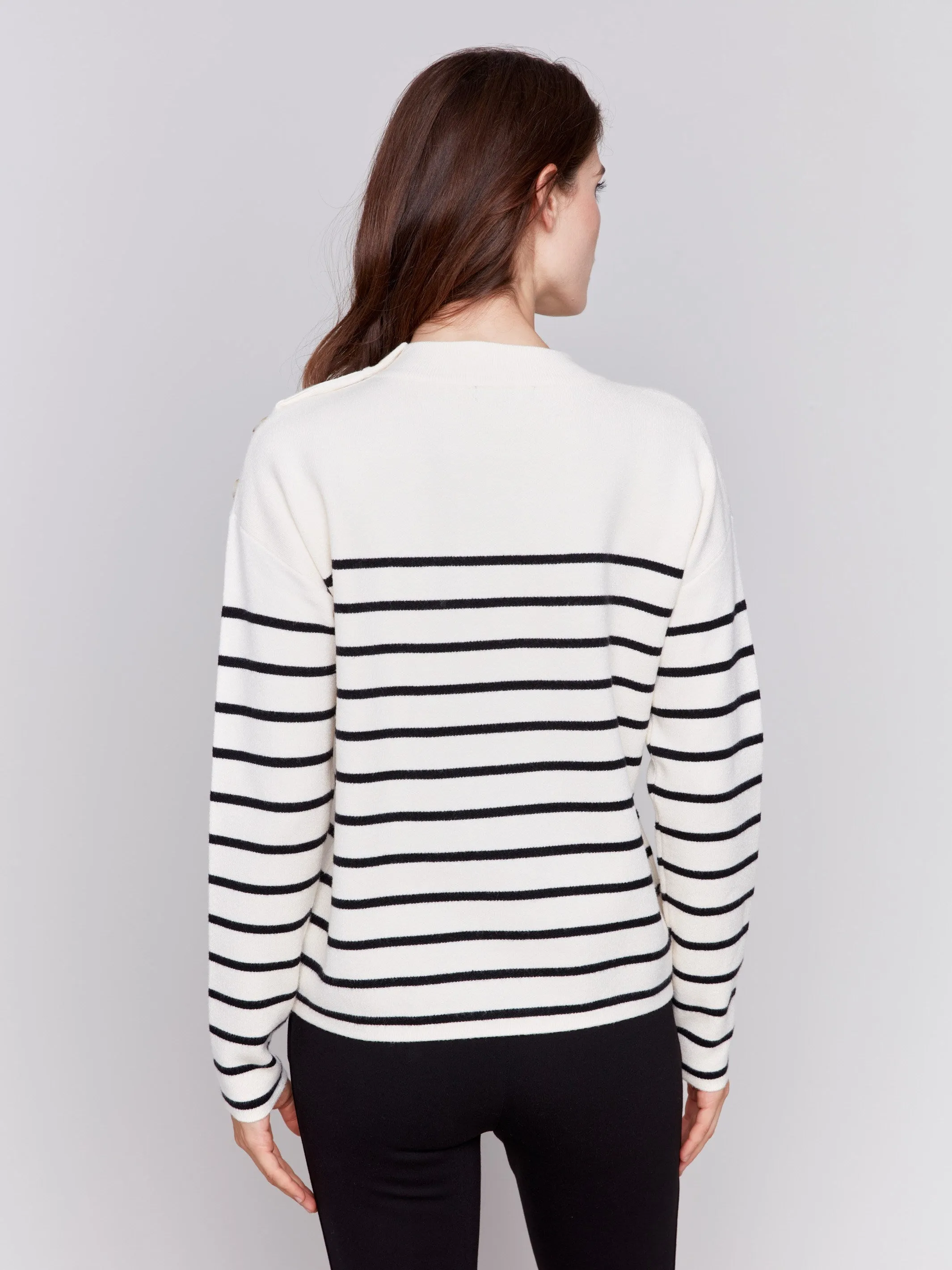 Striped Sweater with Button Detail - Ecru