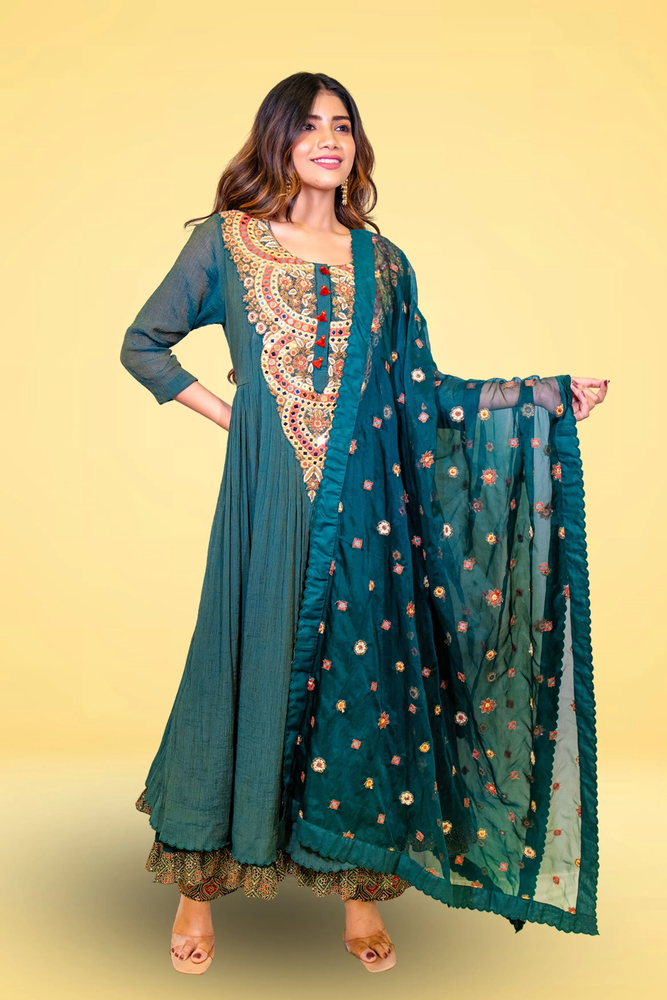 Teal Embellished Crush Muslin Silk Anarkali Set