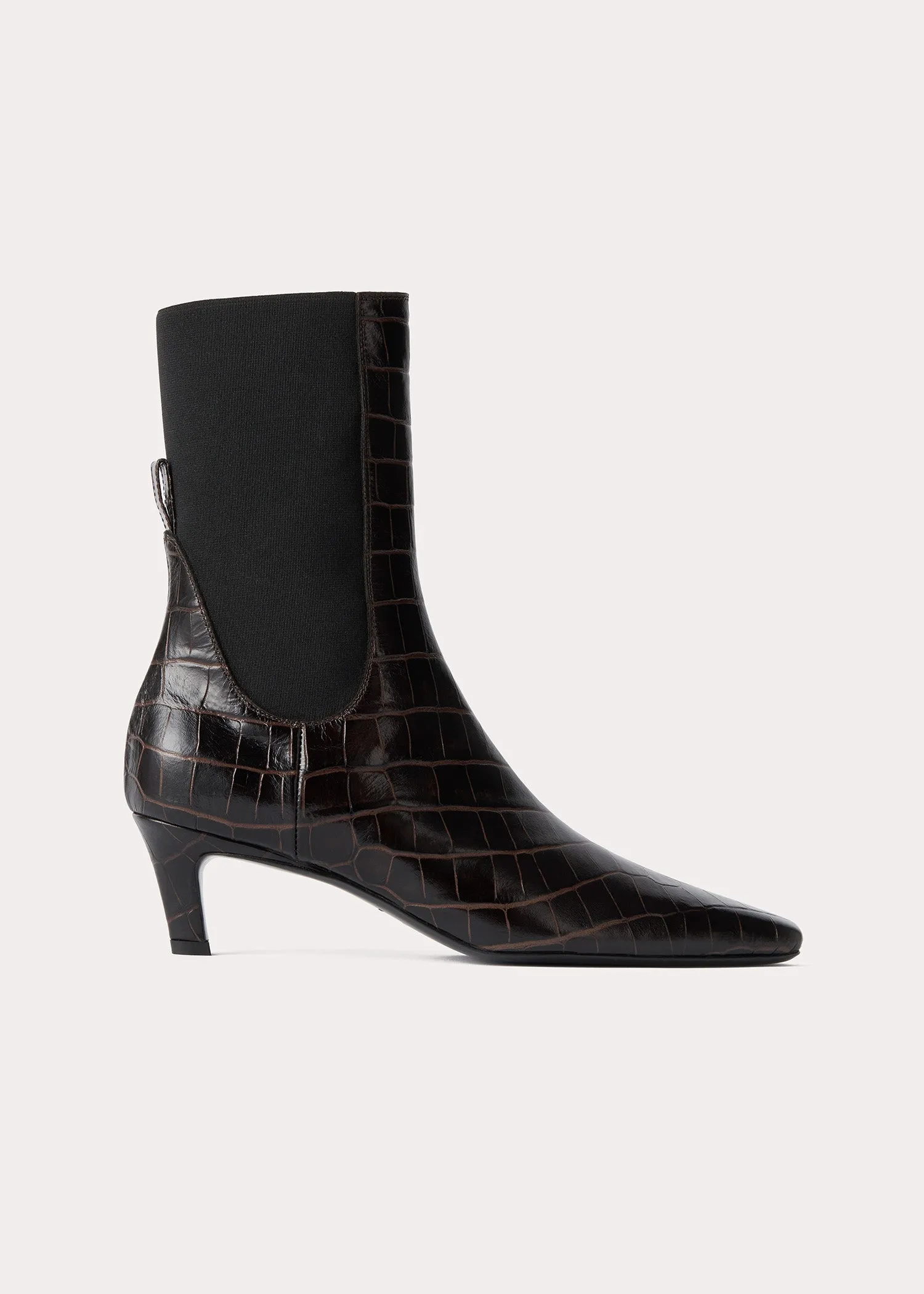 The Mid Heel Leather Boot dark brown croco