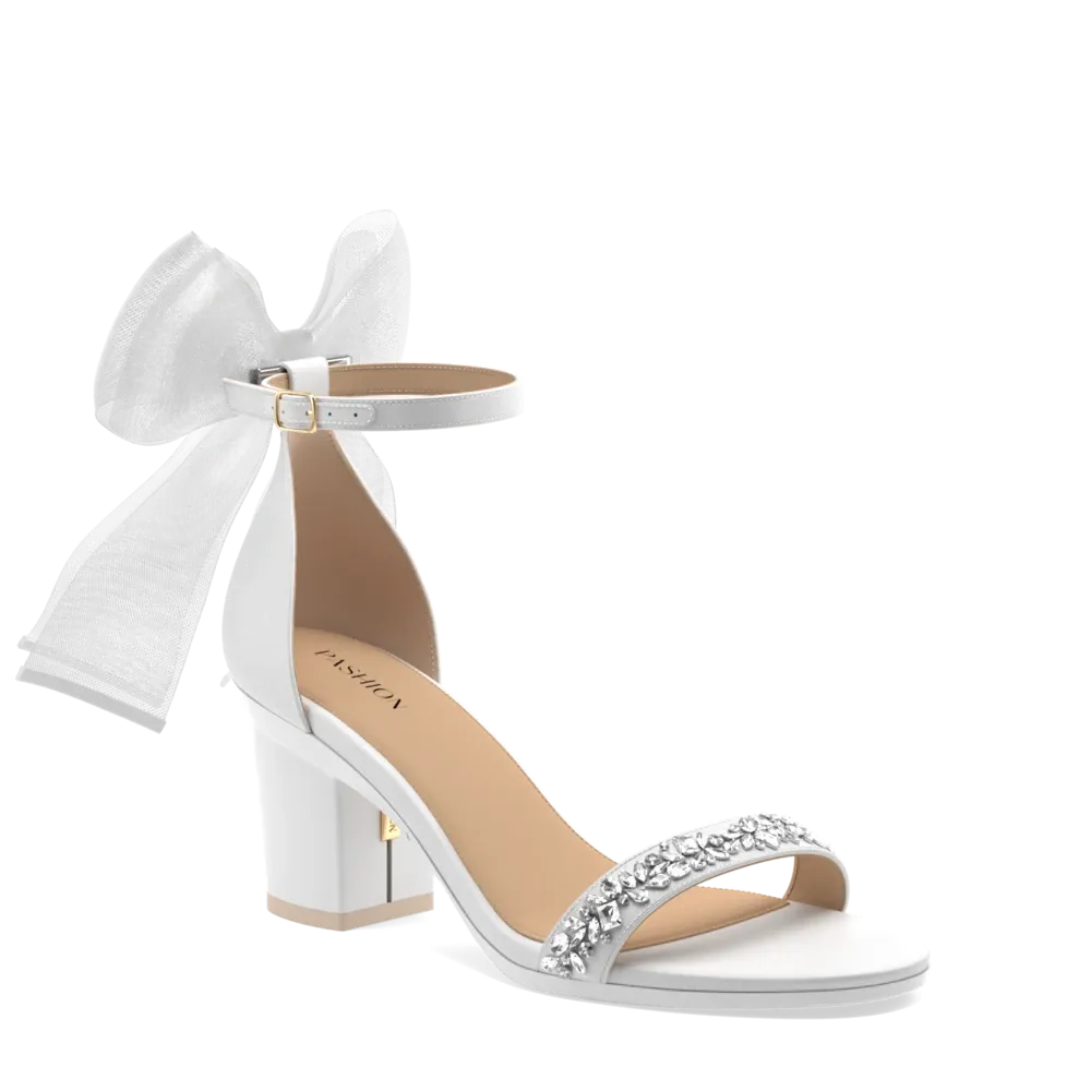 The Pashionista - White Crystal Bow   Block Heel Kit 3 White