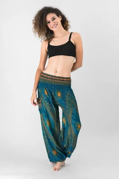 Unisex Peacock Eye Harem Pants in Turquoise