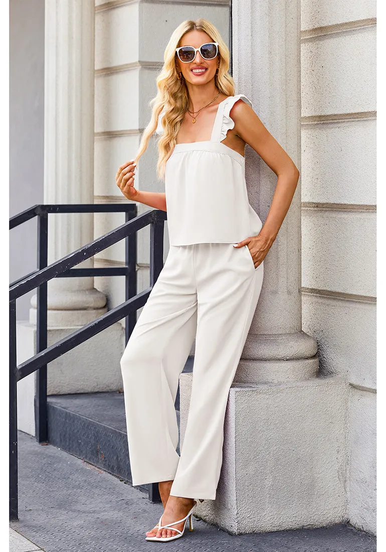 White Women's 2 Piece Sets Flowy Square Neck Top Wide Leg Pants Vacation Two Piece Outfits