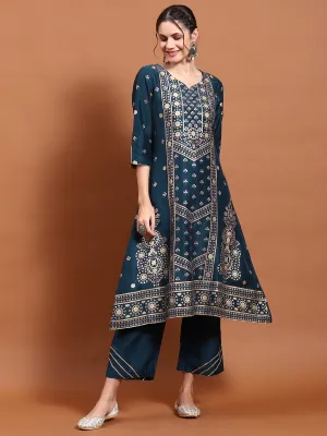 Women Blue Geometric Print Kurta With Comfort Pant