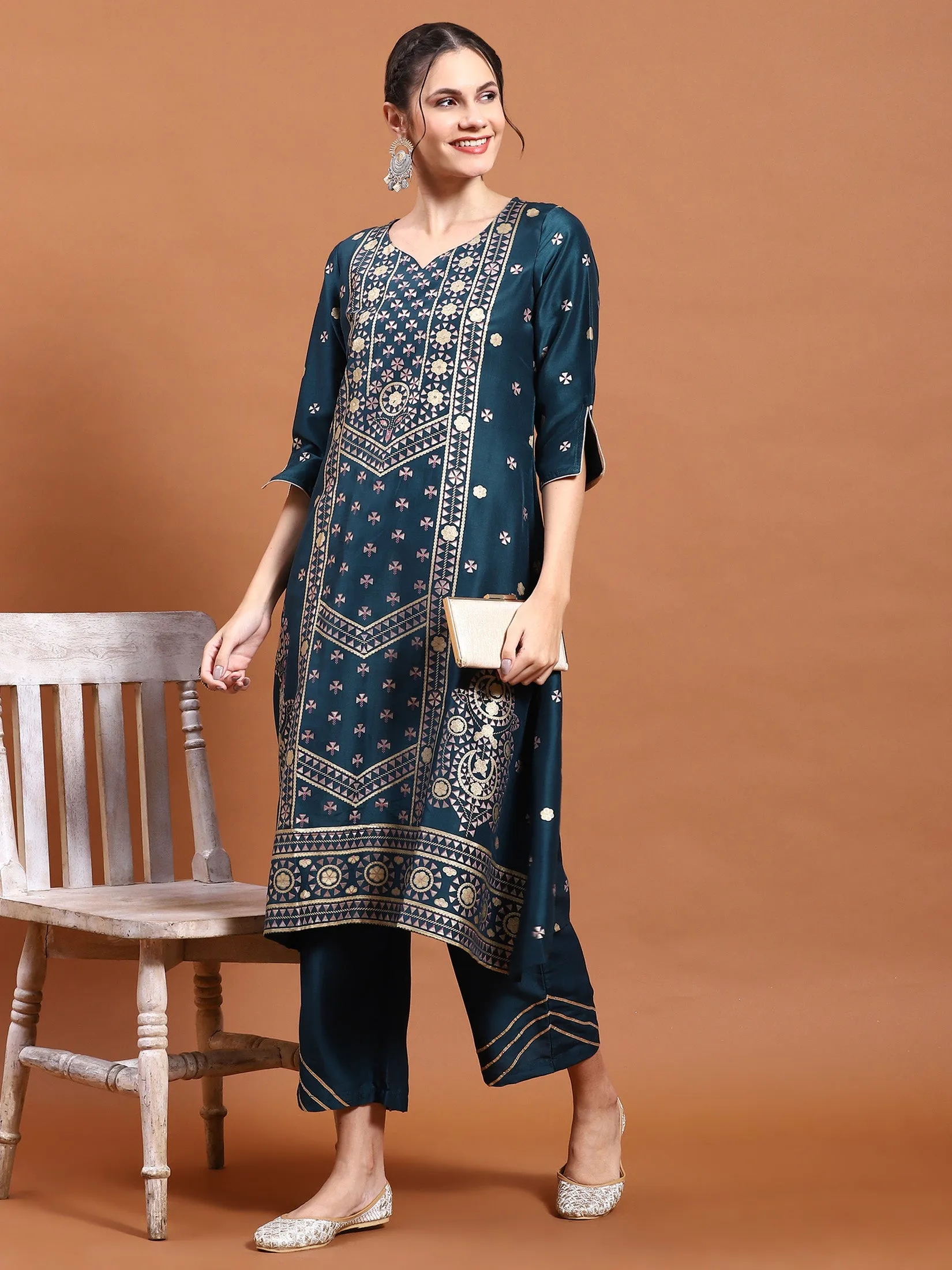 Women Blue Geometric Print Kurta With Comfort Pant