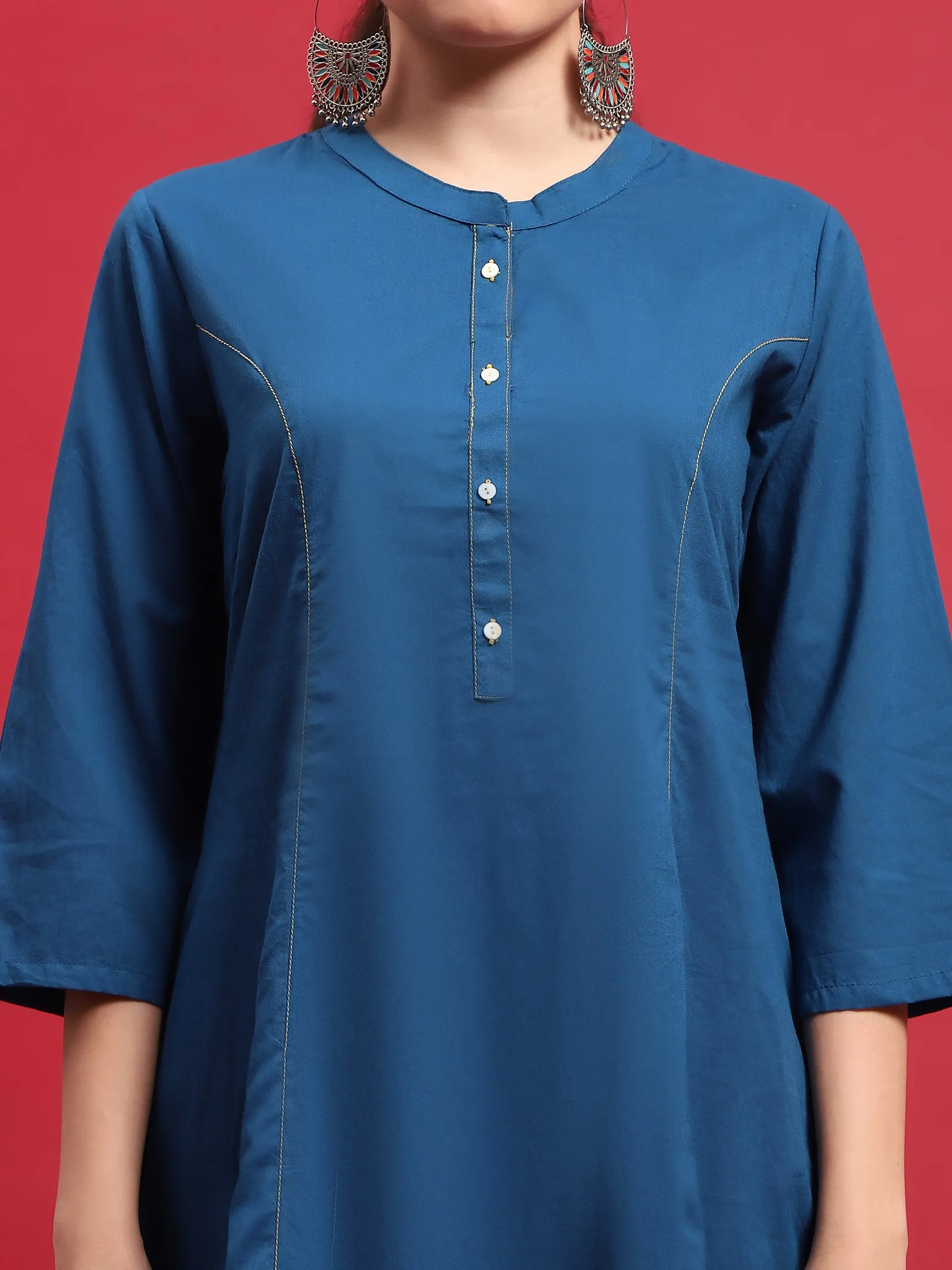 Women Cotton Blue Solid Kurta