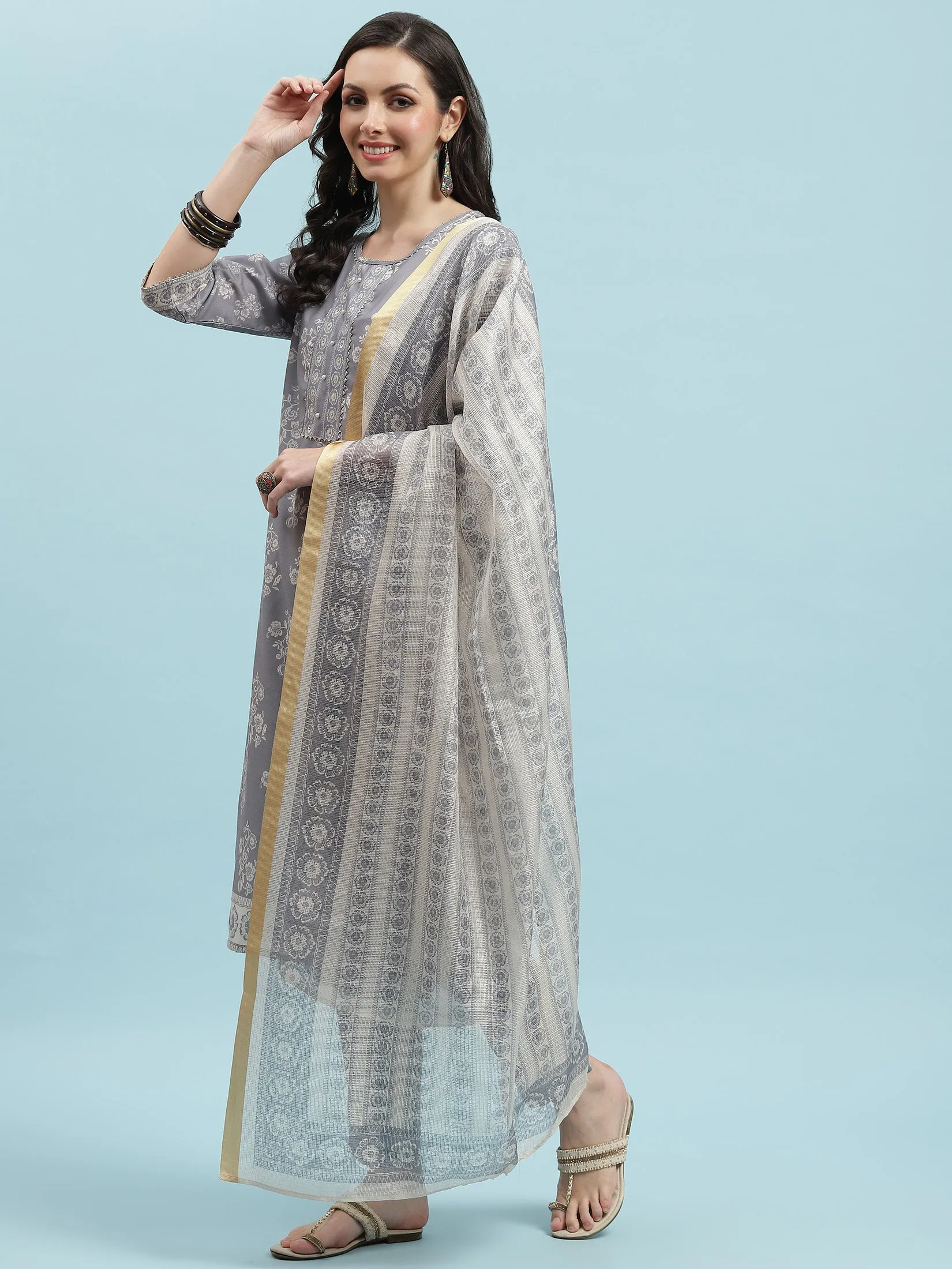 Women Grey Straight Kurta Trouser With Dupatta