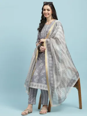 Women Grey Straight Kurta Trouser With Dupatta