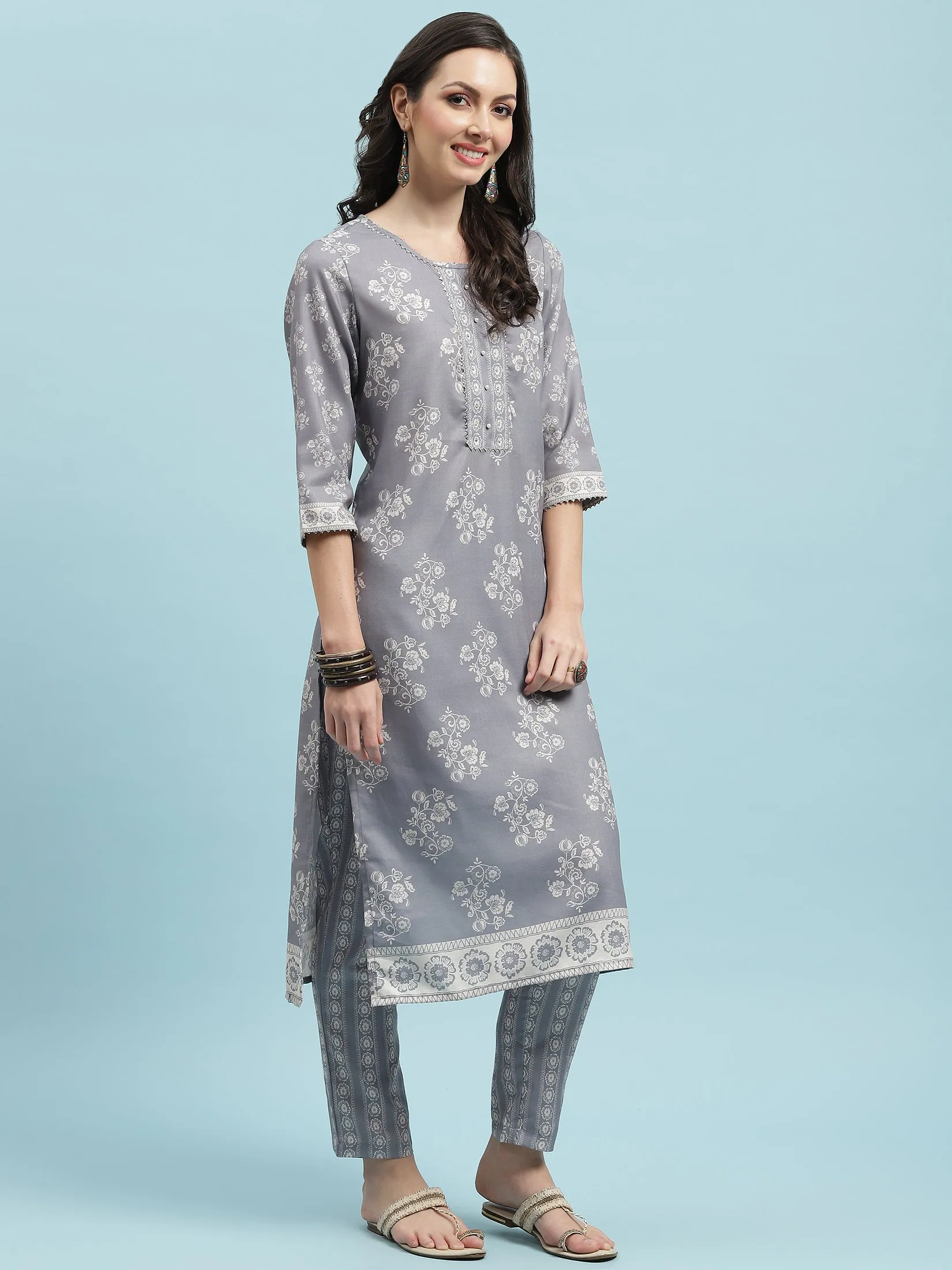 Women Grey Straight Kurta Trouser With Dupatta