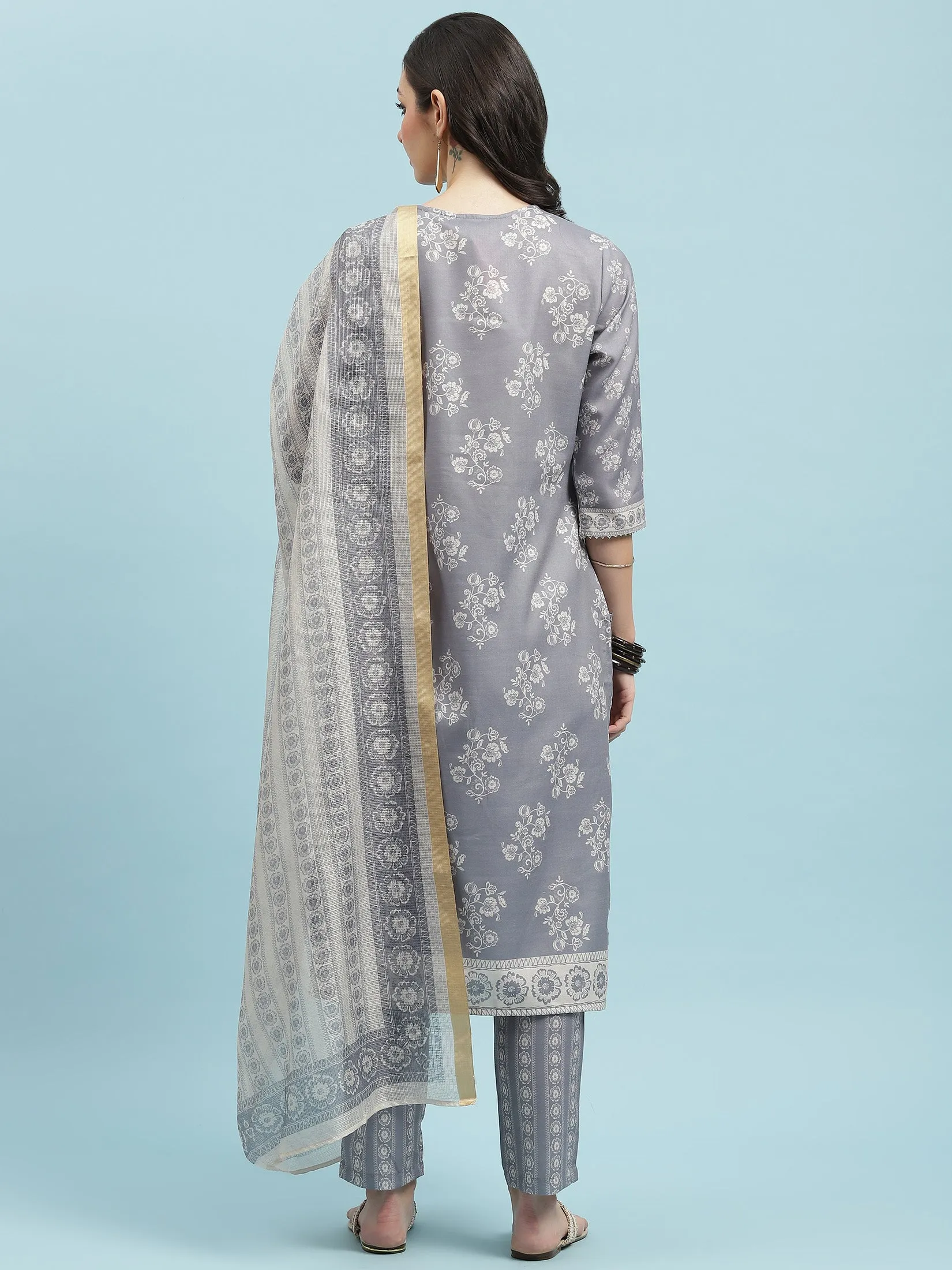 Women Grey Straight Kurta Trouser With Dupatta