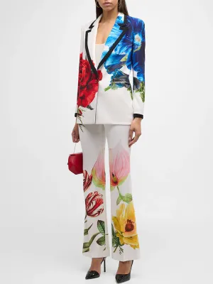 Women Multi-Color Flowers Pants Suit Fitted Blazer   Flare Trousers