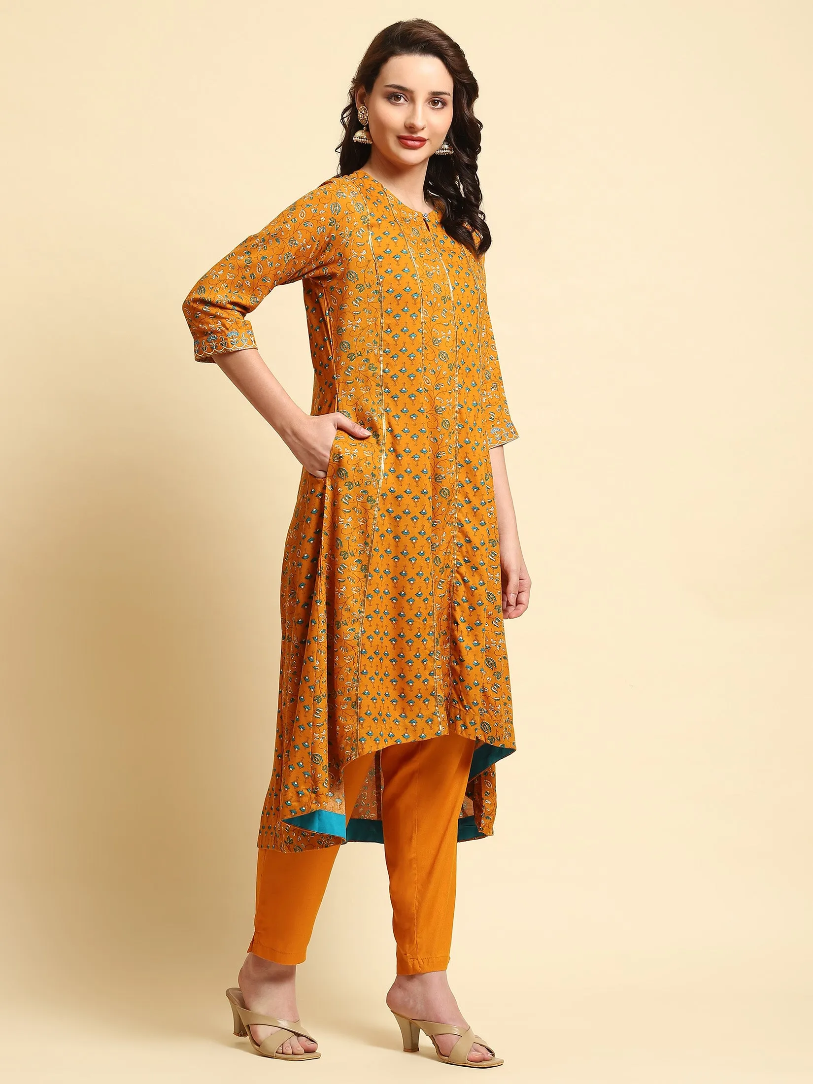 Women Yellow A-line Printed Kurta Trouser Dupatta